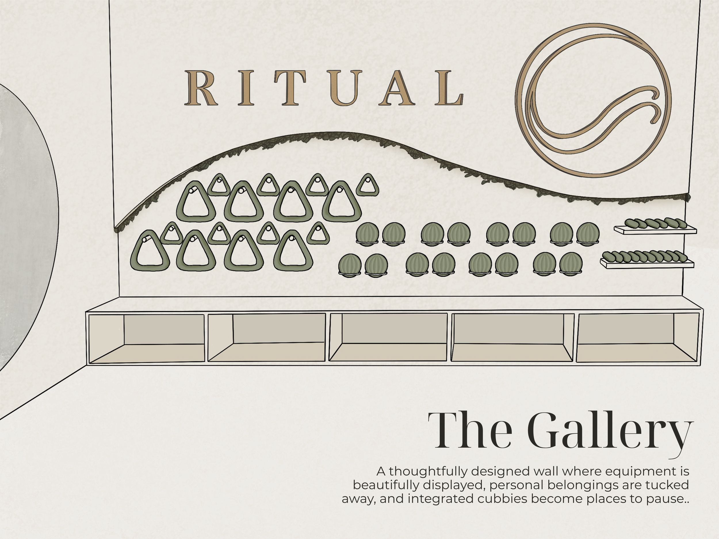 Interior wall display with the word 'RITUAL' at the top, decorative wire art, spherical objects, and personal belongings tucked away, labeled 'The Gallery' with a description of a beautifully designed wall for display and organization.