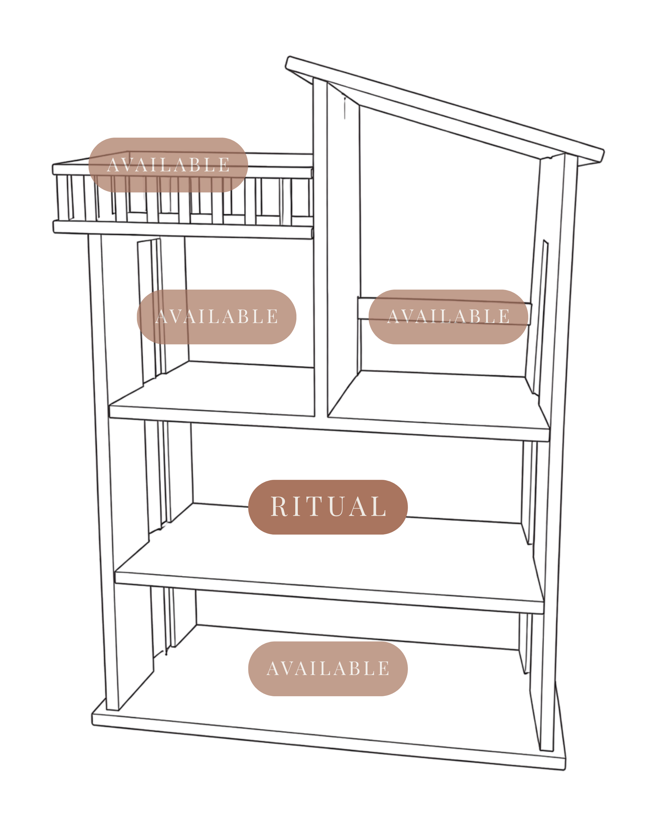 A line drawing of a hand-made dolls house, showing available and built spaces to explore.