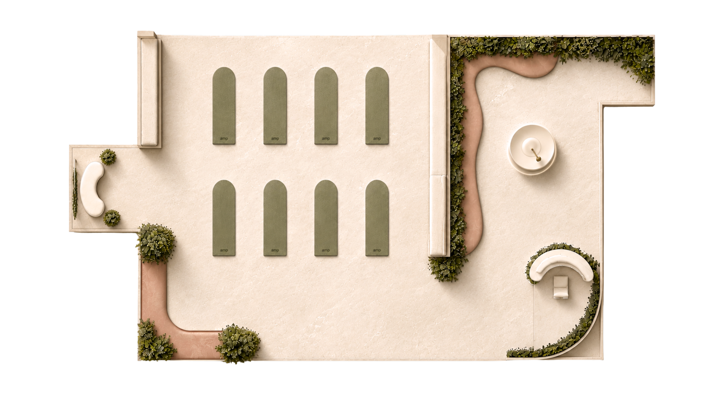 A top-down architectural model of a building with a Pilates studio, green landscaping, and a fountain.