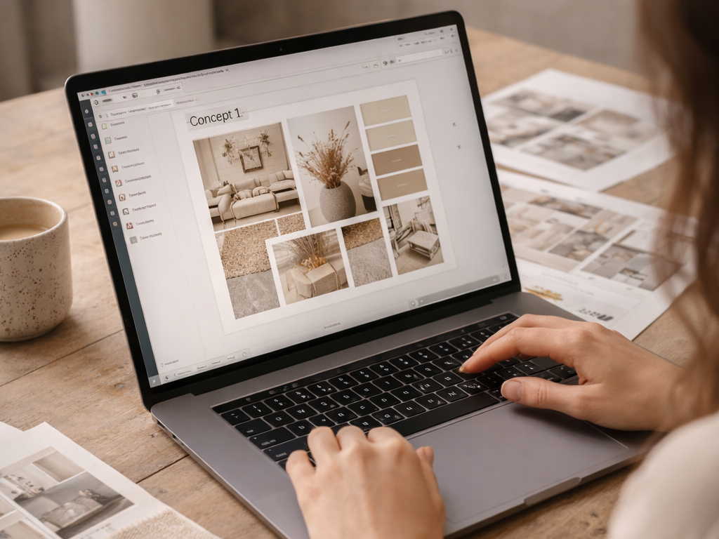 Person working on a laptop with interior design mood board on the screen, surrounded by printed pages and a coffee mug on a wooden table.