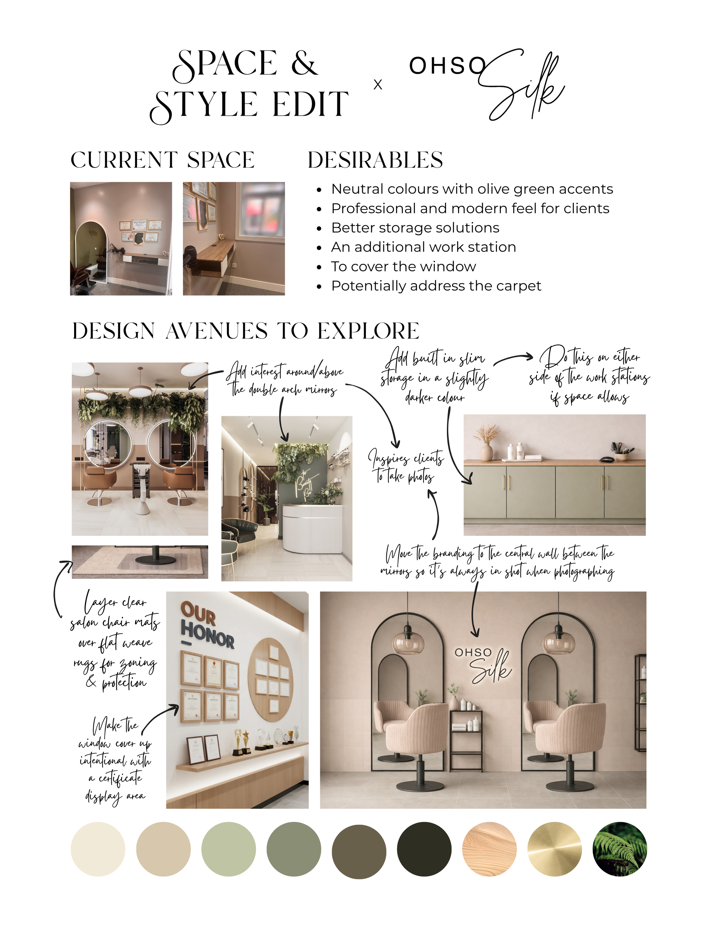 Design concept board for a workspace, including images of current space and proposed design ideas, with handwritten notes, color palettes, and interior styling suggestions.
