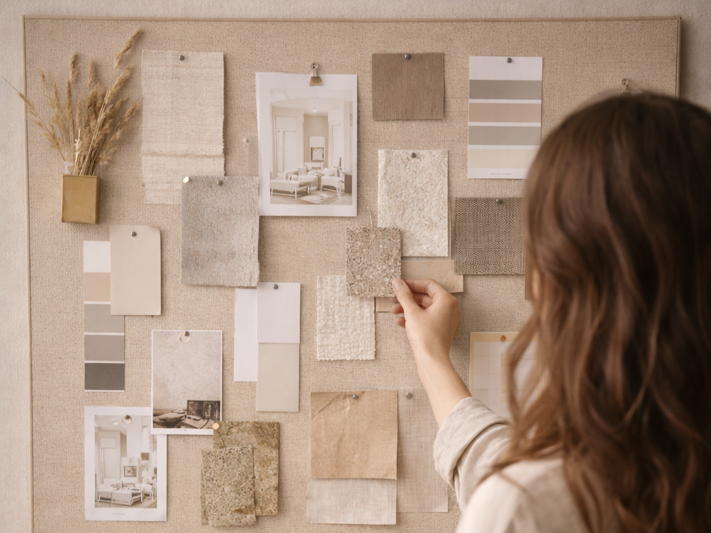 A person with brown hair pinning fabric and paint samples to a board for interior decorating ideas.