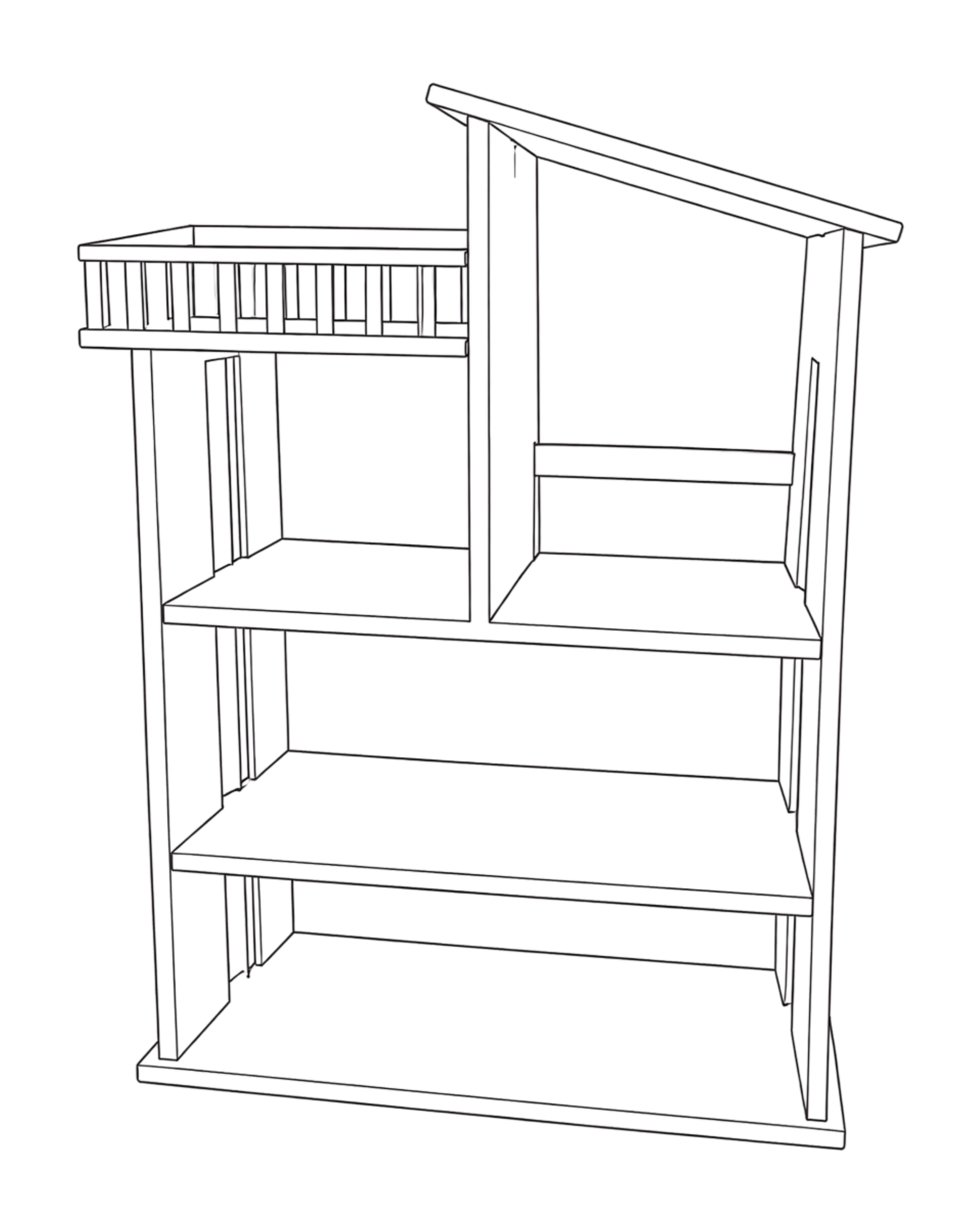 A line drawing of a hand-made dolls house.