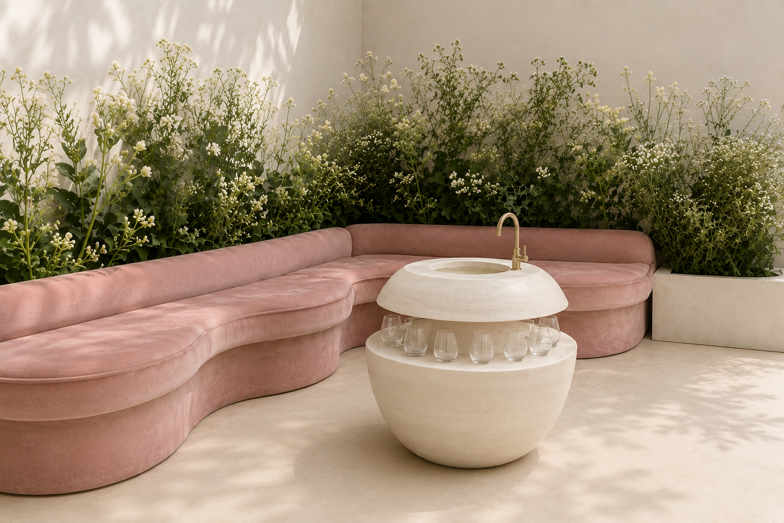 Pink curved sectional sofa with a round white stone table with a built-in sink and glasses underneath, against a wall with green leafy plants and white flowers.