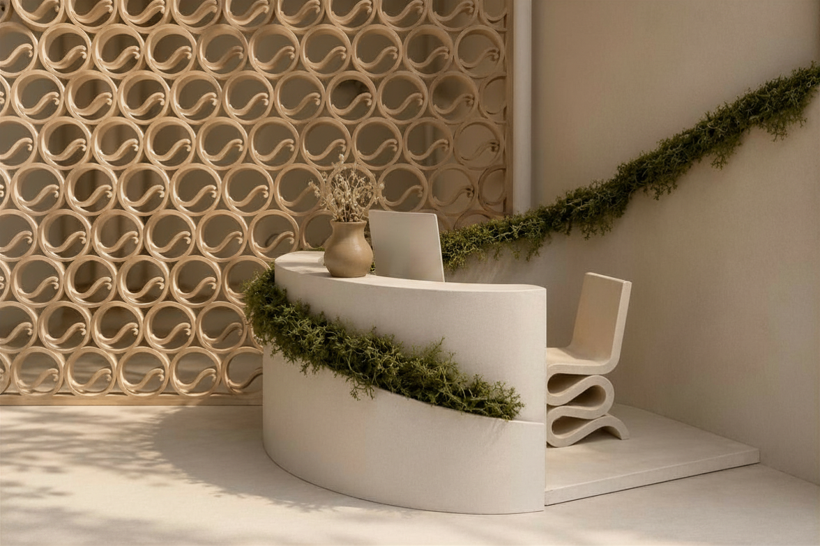 Modern reception desk with green foliage decor, a beige vase with dried flowers, a laptop, and a unique chair in a minimalist space with a decorative circular wall pattern.