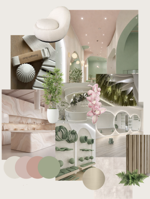 Collage of interior design elements with soft pastel colors, including modern furniture, green plants, decorative objects, and architectural details.