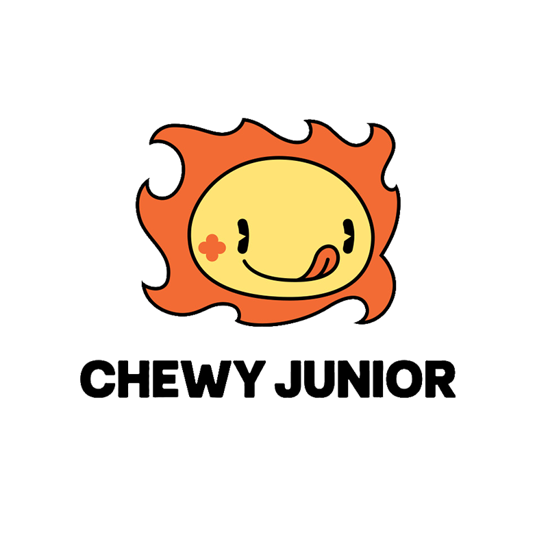 A cartoon logo of a smiling chewed-up fireball character with a tongue sticking out, next to the text 'CHEWY JUNIOR'.