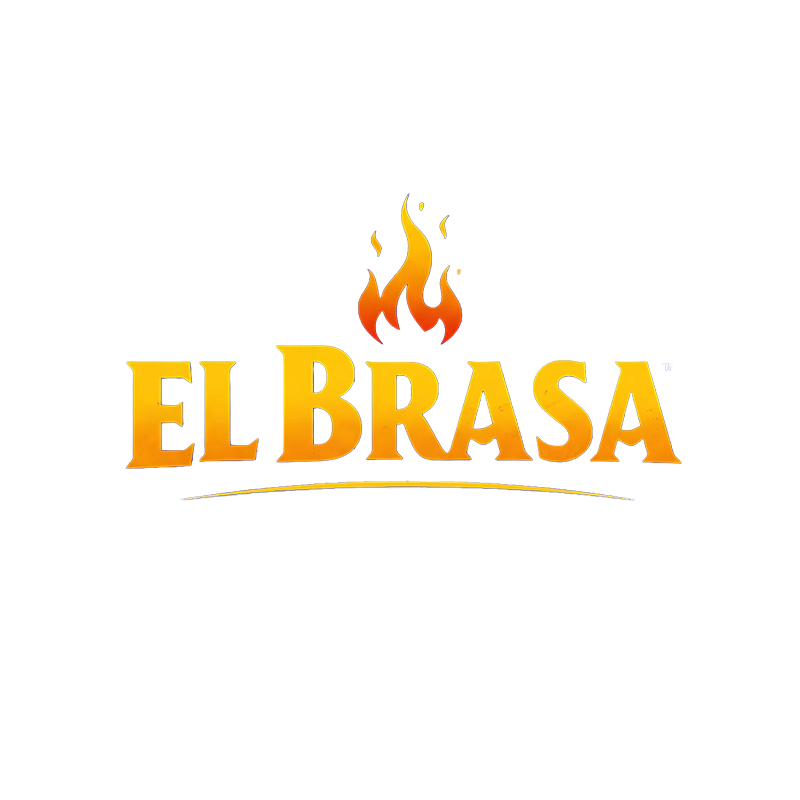 Logo with a stylized flame above the words "EL BRASA" in large yellow-orange gradient letters, set against a dark background.