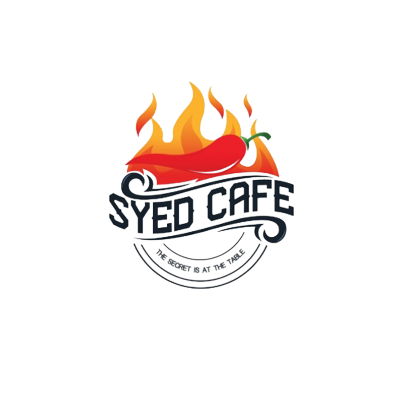 Logo for Syed Cafe featuring a red chili pepper, flames, and the text 'Syed Cafe' with the tagline 'The secret is at the table'.