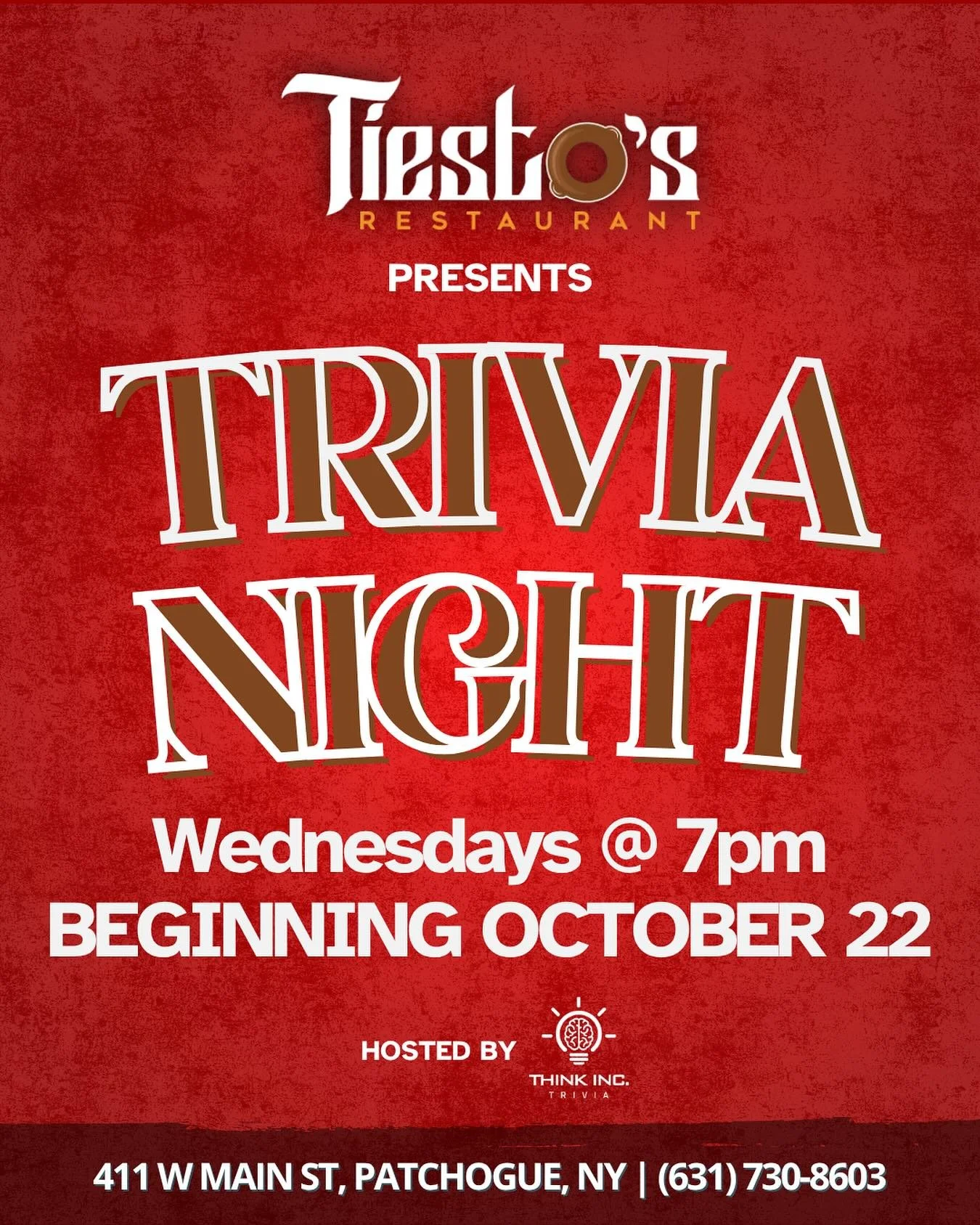 Hey, Patchogue! Wednesday nights are about to get a whole lot smarter. 

@thinkinctrivia is coming to @tiestosrestaurantpatchogue starting Wednesday, October 22 at 7pm. Gather your smartest (or funniest) friends and put your brains to the test&mdash;