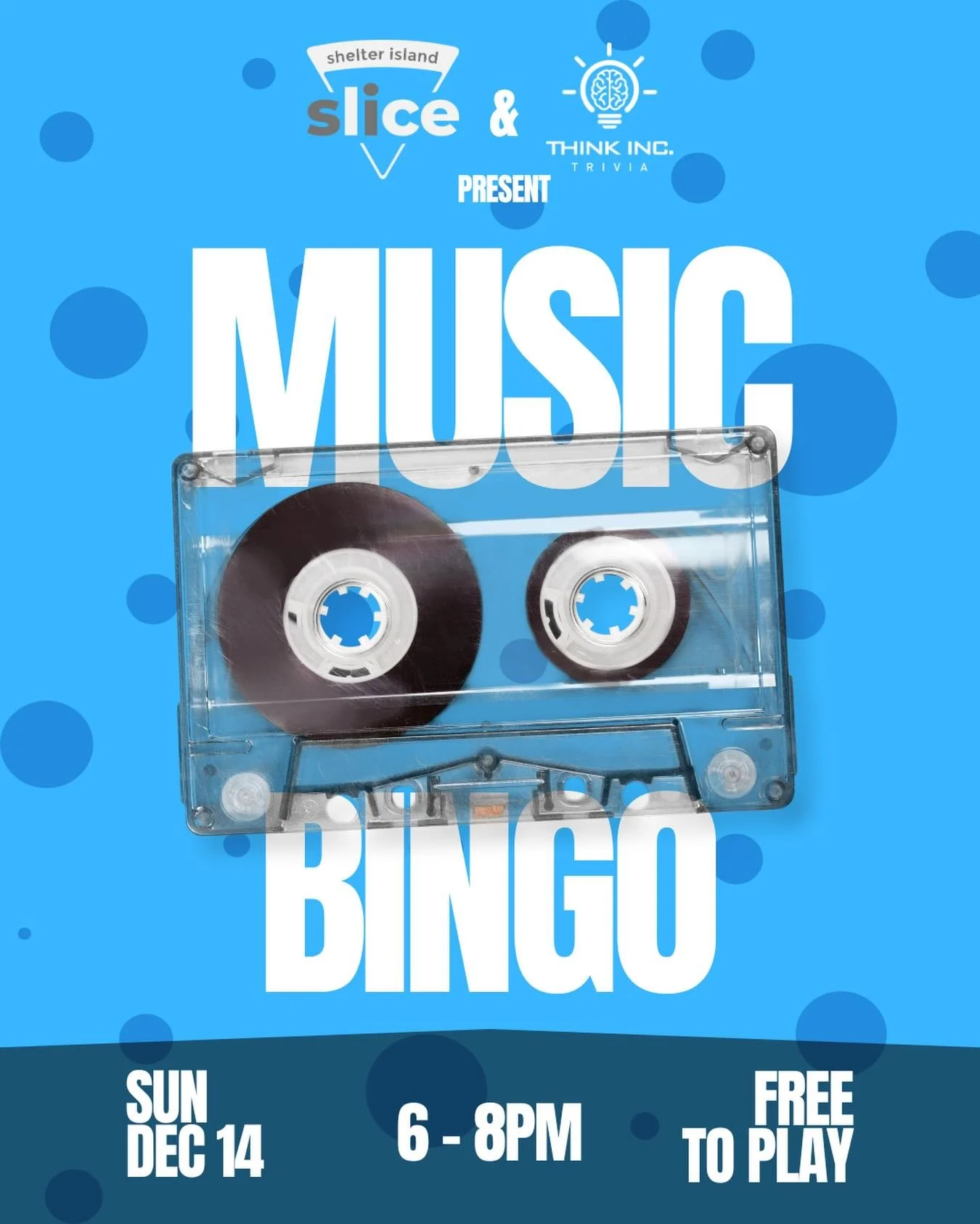 Tune in to @shelterislandslice on Sunday, December 14 at 6pm for our first ever Music Bingo!

Instead of numbers, your card is filled with song titles&mdash;listen as the host plays the tunes, mark off what you hear, and shout &ldquo;BINGO!&rdquo; wh