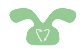En grøn tegning af en kanin med recycle illustrationer ikoner indeni