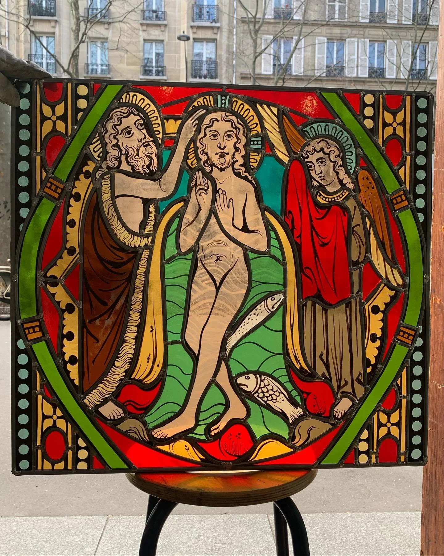 ~ Le Bapt&ecirc;me du Christ ~
Copie d&rsquo;un panneau de 1270 provenant de l&rsquo;eglise dominicaine de Wimpfen en Allemagne.

Peinture au vinaigre + Brun XII, lavis au lait et patine a l&rsquo;eau.
J&rsquo;ai ressenti beaucoup de plaisir a r&eacu