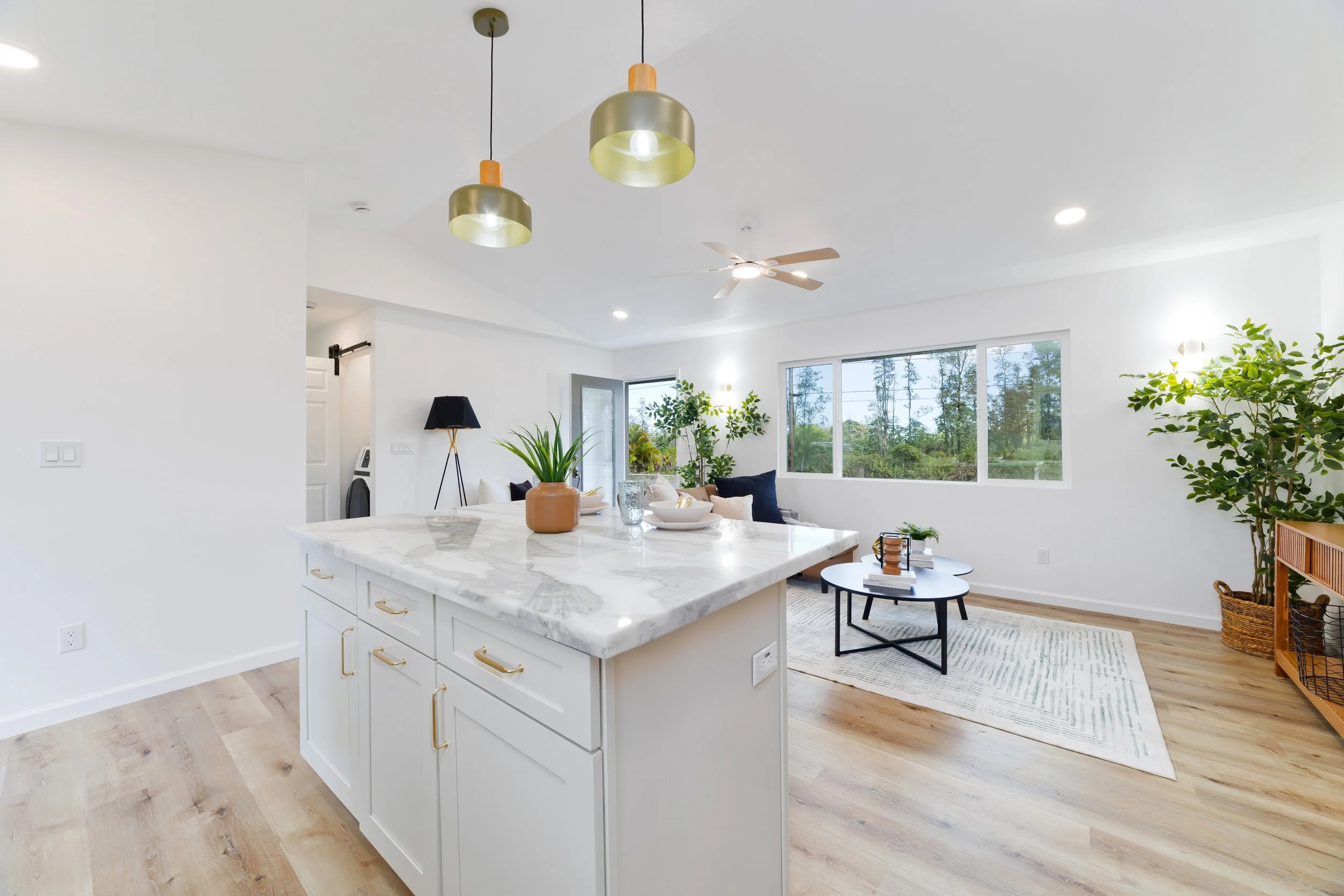 Bright open-concept living room and kitchen with white walls, wooden flooring, large windows, and modern decor.