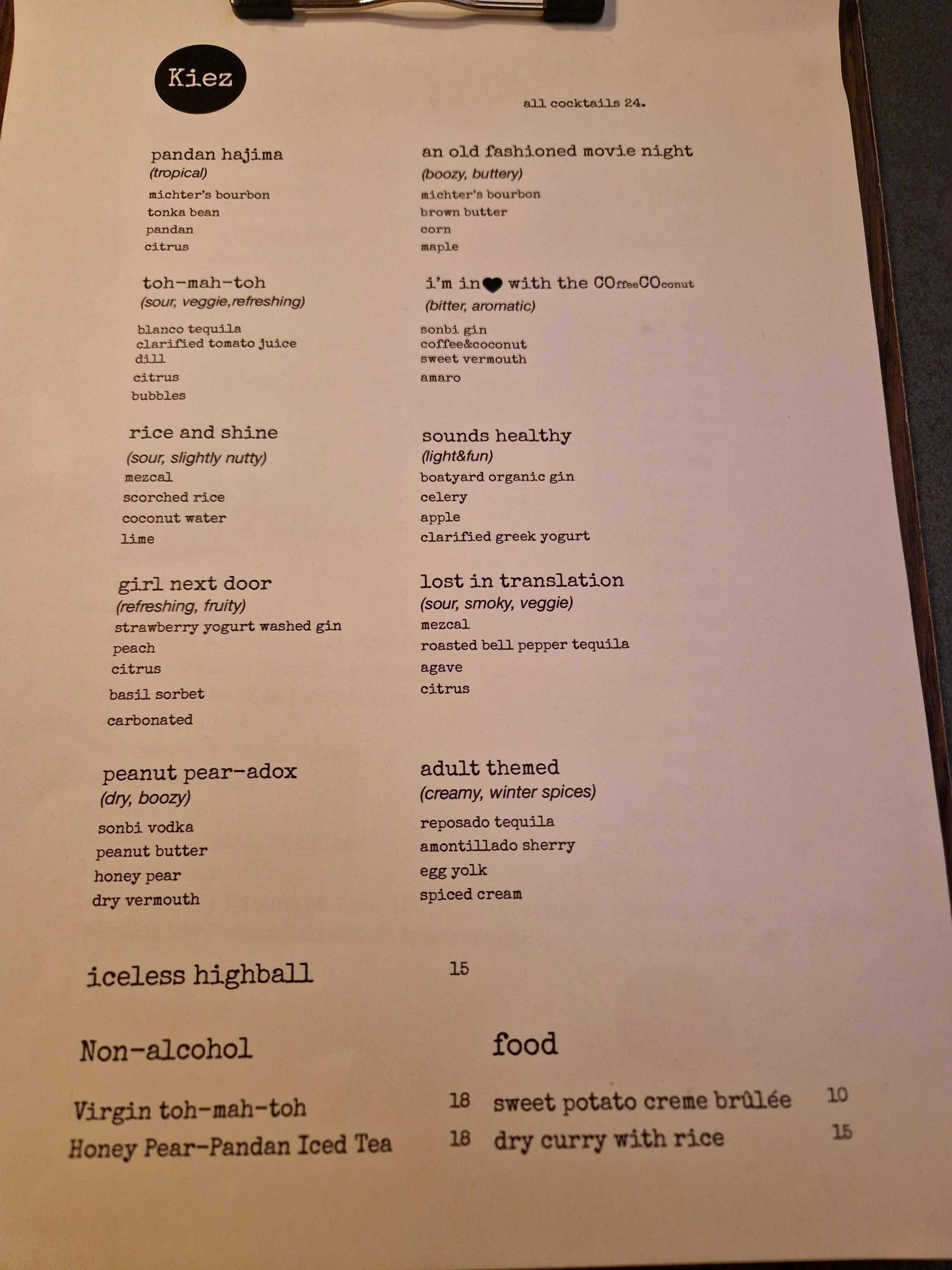 Karte der Bar Kiez in Seoul - auf Tanoshimi - Fine Dine & Wein, dem Restaurantblog mit Bewertungen, Berichten, Rezensionen, Erfahrungen und Kritik zu Fine Dining bzw. Sternerestaurants