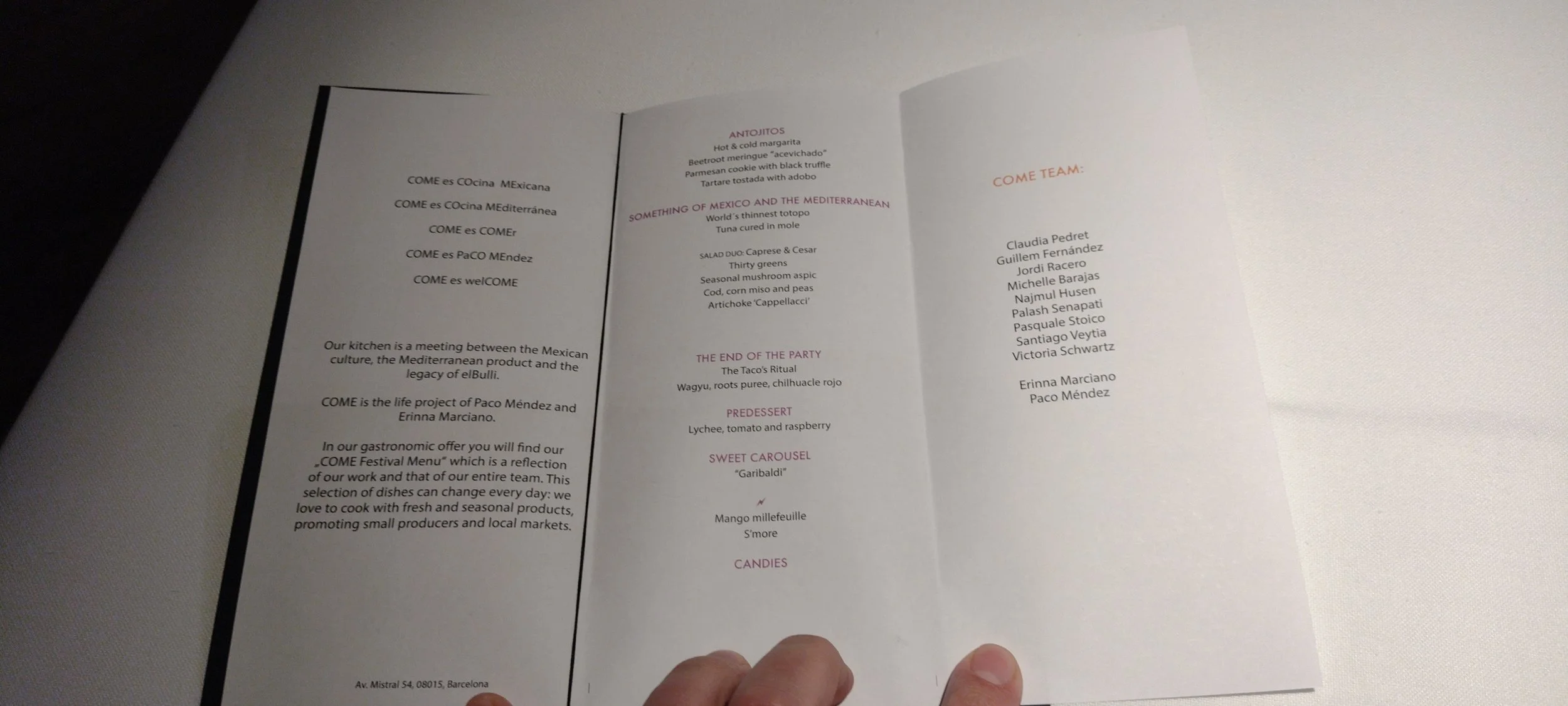 Karte im Come by Paco Méndez in Barcelona