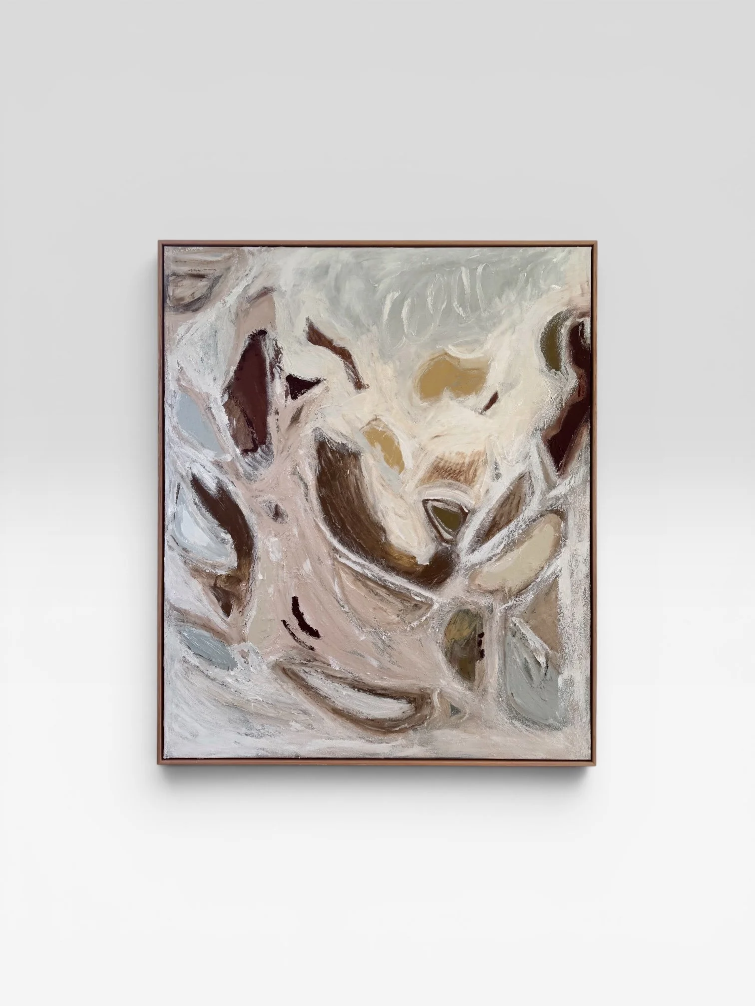 Abstract painting with neutral tones in a simple brown frame displayed on a white wall.