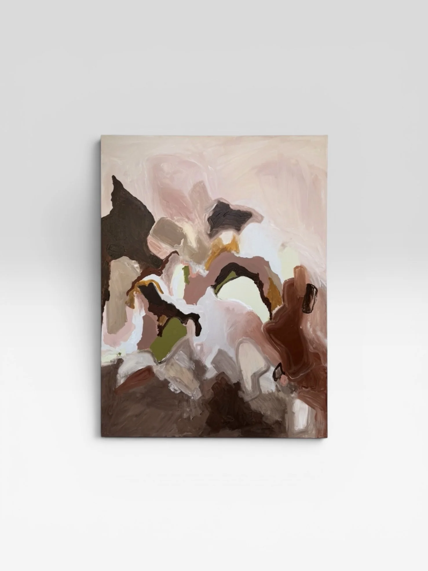 Abstract painting with swirling brushstrokes in pink, brown, beige, white, and green hues, displayed on a white wall.