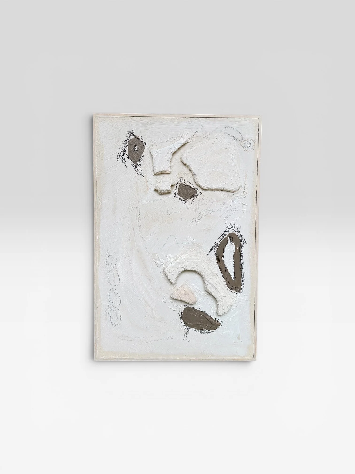 Abstract mixed media artwork featuring textured white paint, black line outlines, and irregularly shaped patches of brown and beige on a white canvas.