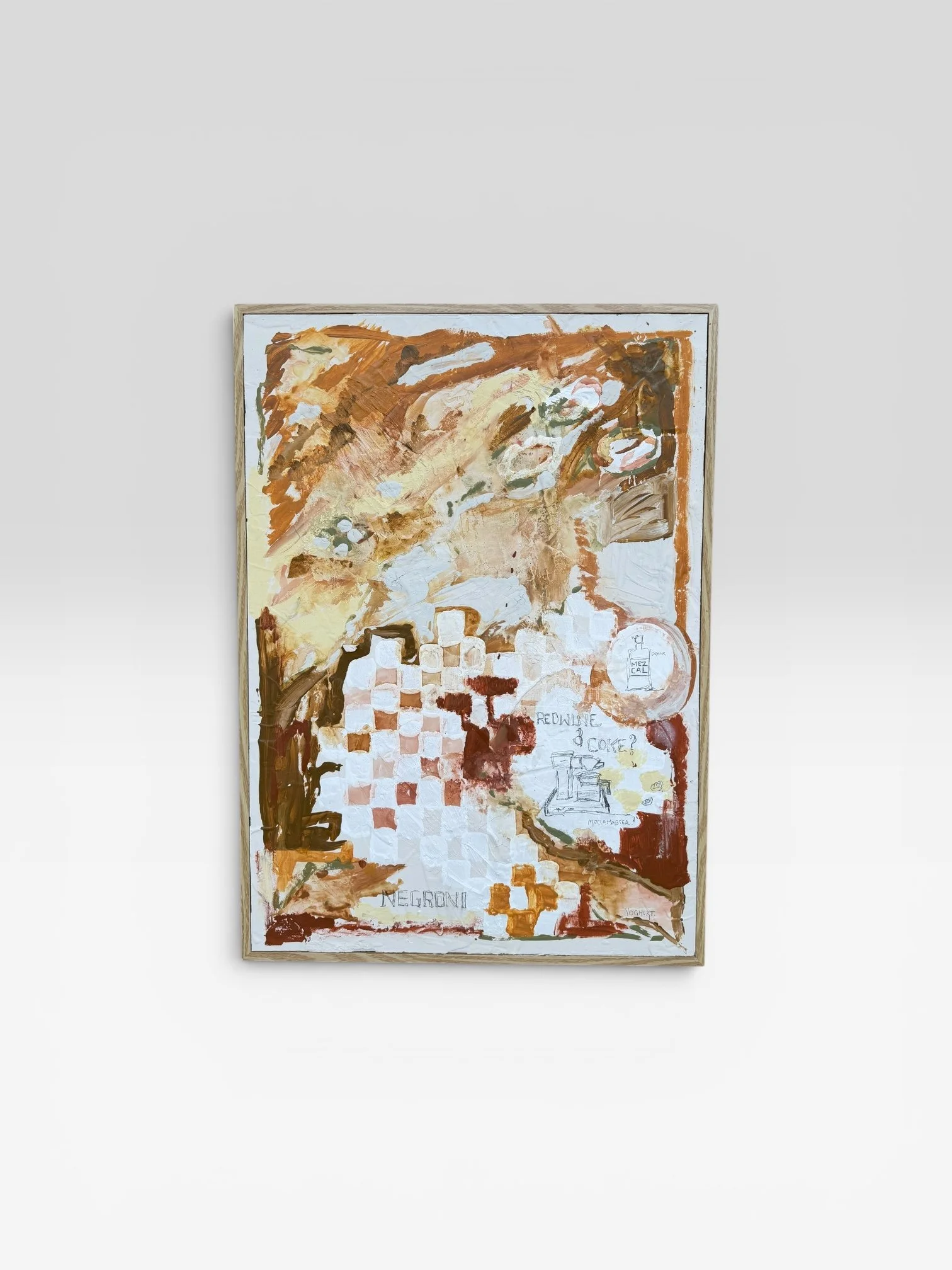 Abstract painting with warm earth tones, including browns, reds, and yellows, featuring handwritten notes, sketches, and a grid pattern, framed and displayed against a plain, light gray background.