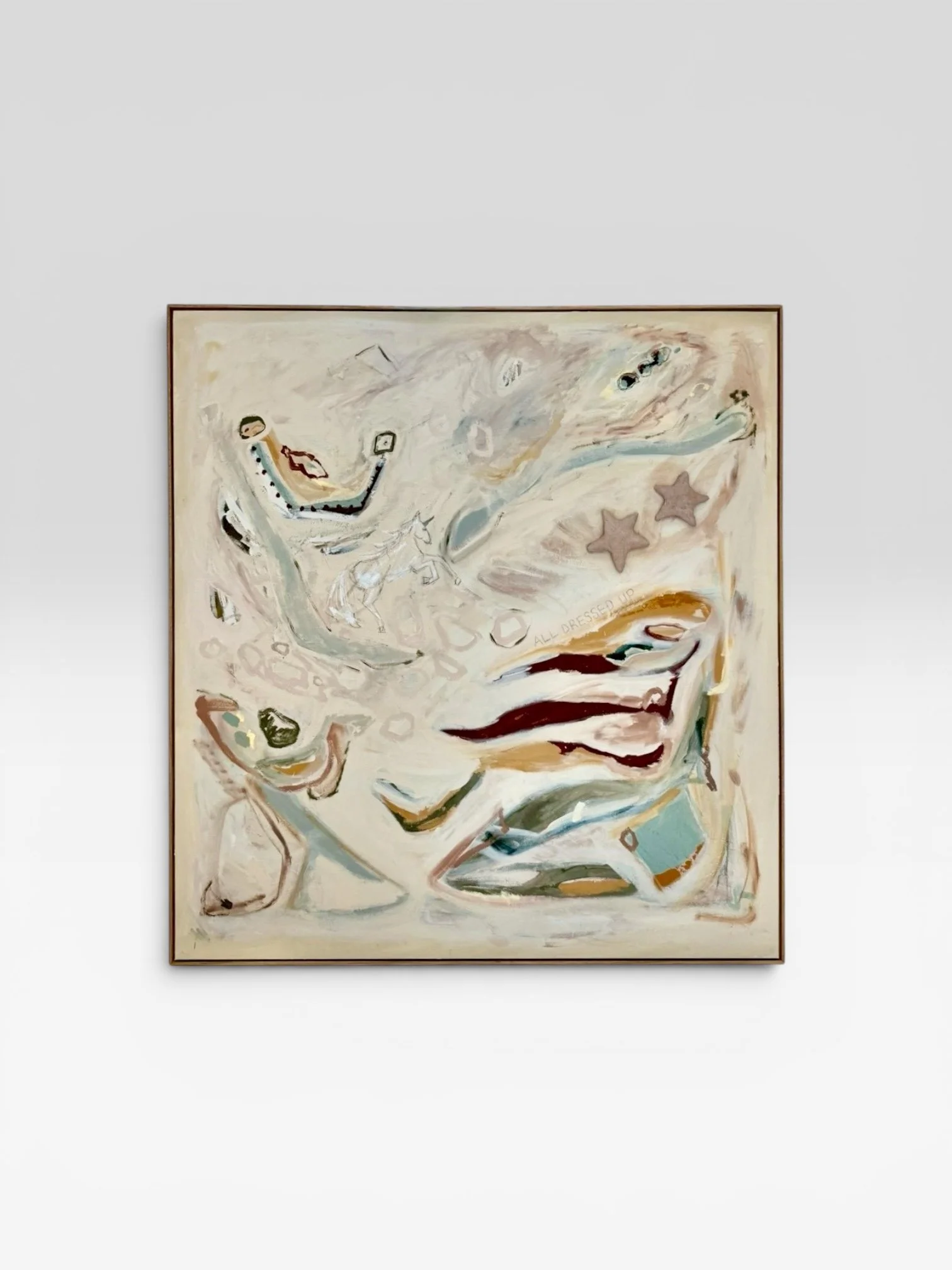 Abstract painting with soft pastel colors of white, beige, pink, blue, and brown, featuring various shapes including stars, a unicorn, a smiling face, and a partial phrase "ALL DRESSED UP".