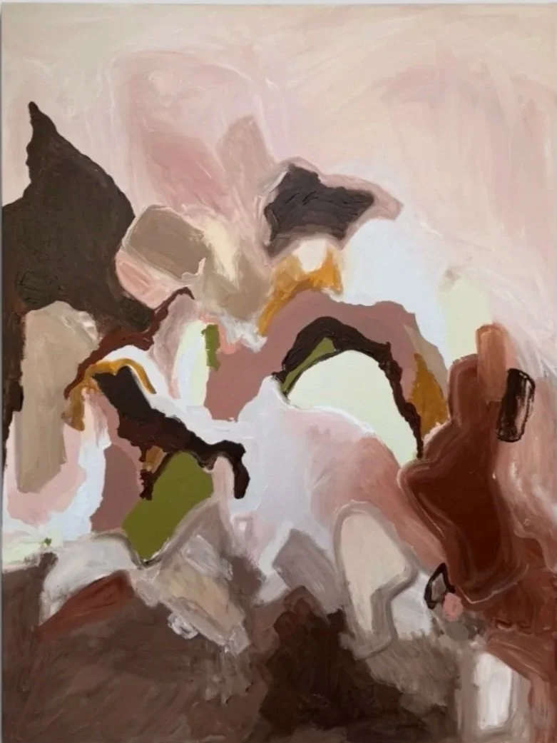 Abstract painting with swirling shades of pink, brown, beige, green, white, and black.