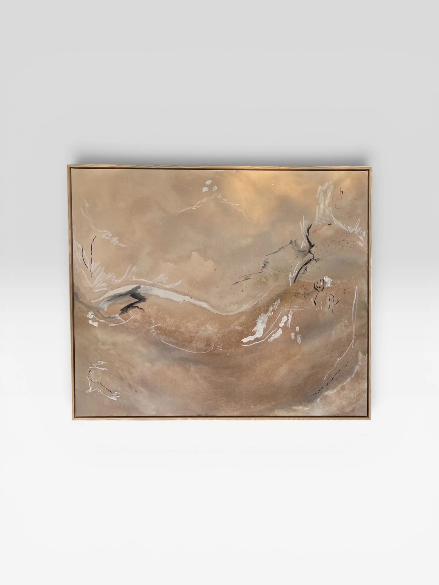Abstract painting with earthy tones, white and black brushstrokes, and a textured, smoky background, framed in a thin wooden border.