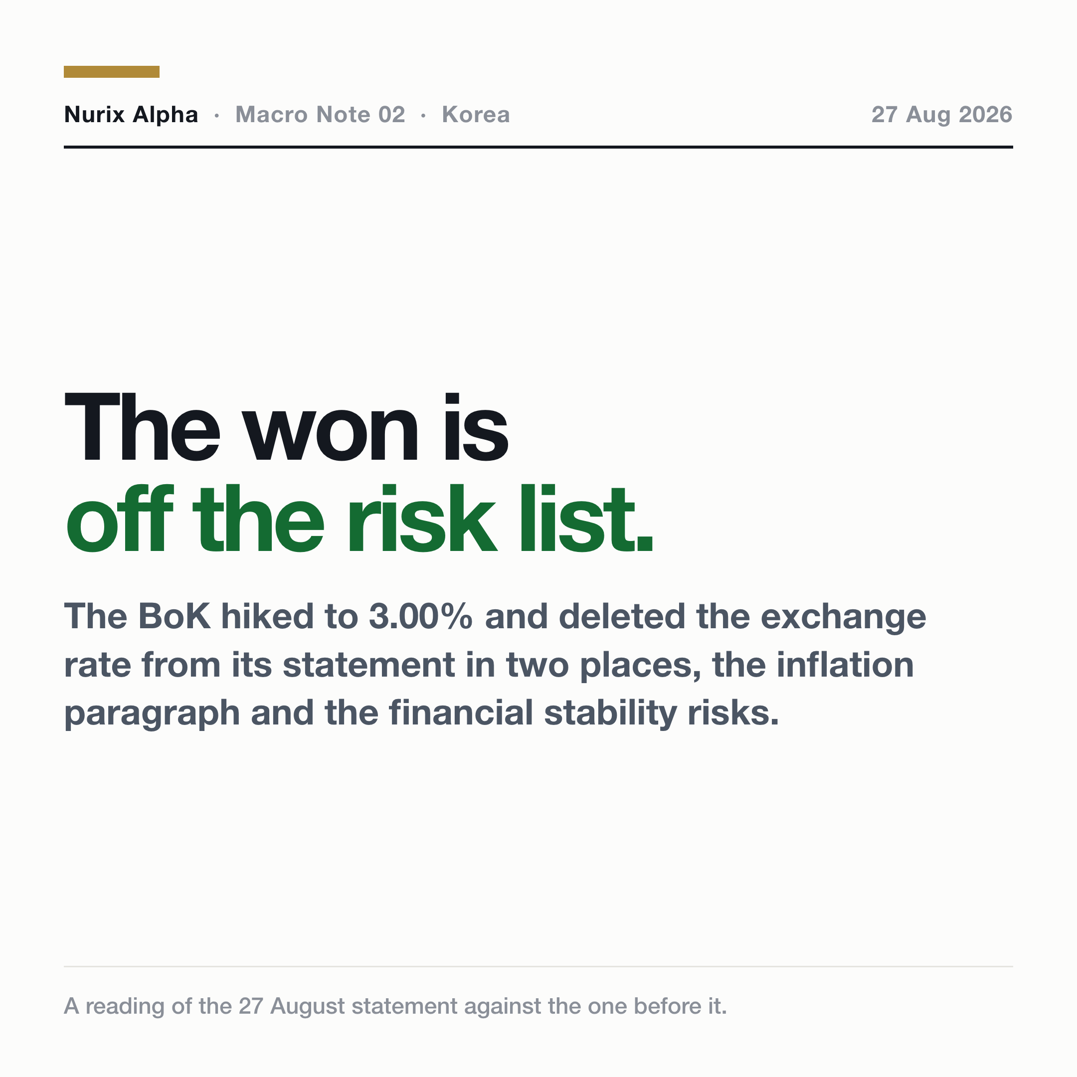 Macro Note #02 Korea. The won is off the risk list.