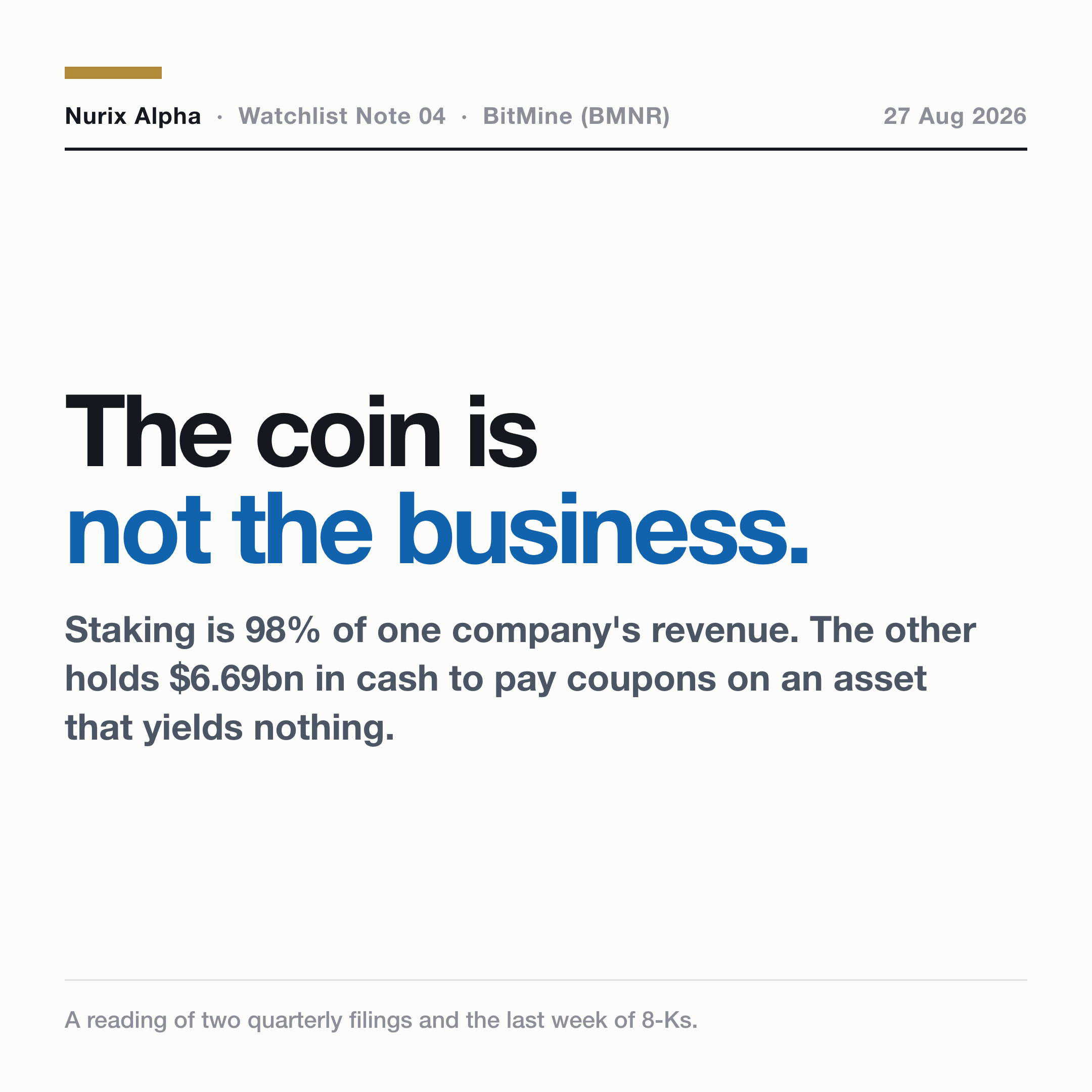 Watchlist Note #04, BitMine (BMNR). The coin is not the business.