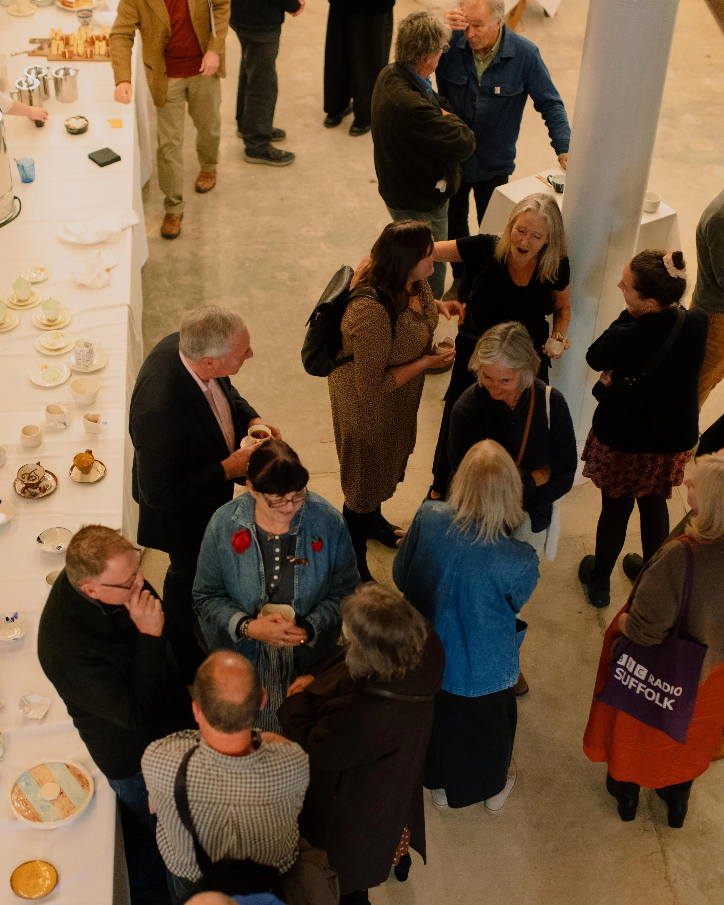 A birds eye photograph of the Tea party event, hosted at CLAY 1A building in Ipswich