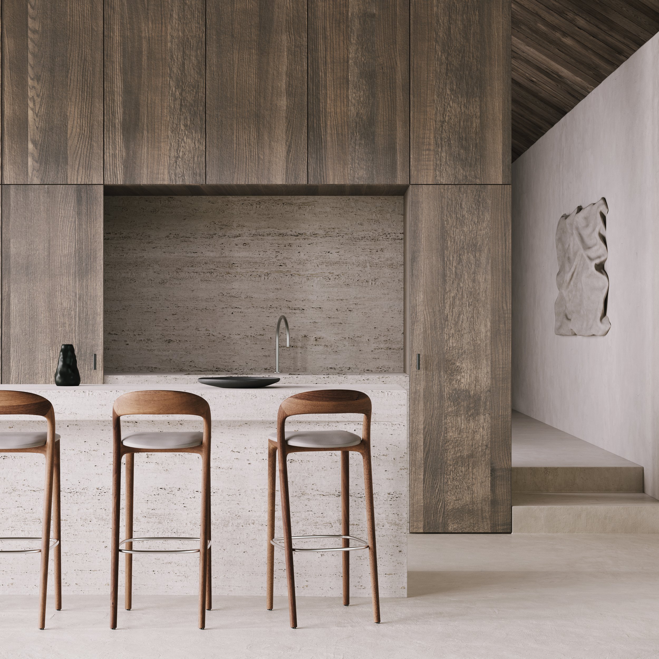 Neva Light counter-height chair with a refined wooden frame and upholstered seat.