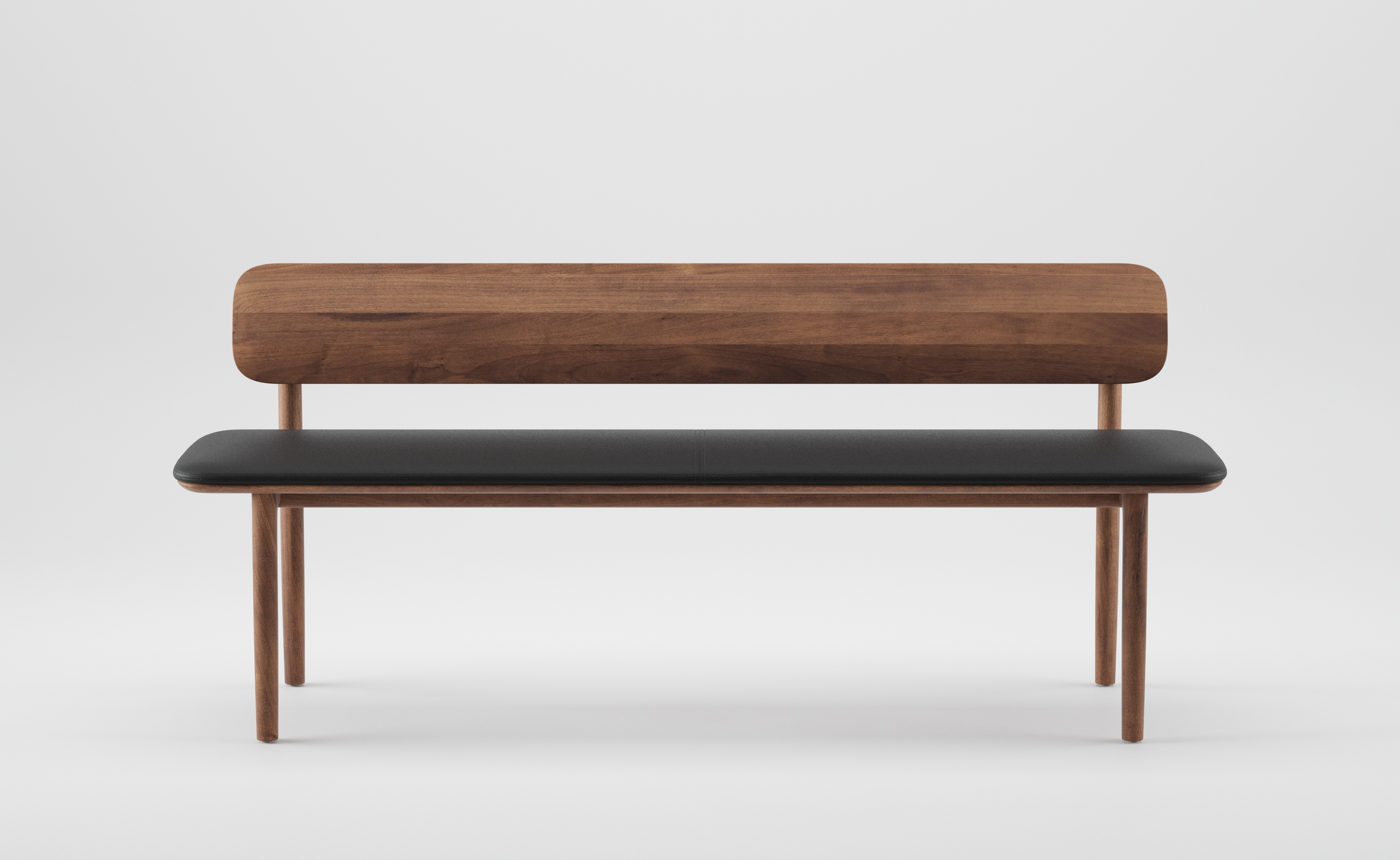 Detail of the upholstered seat on the Neva bench, available in leather or fabric.