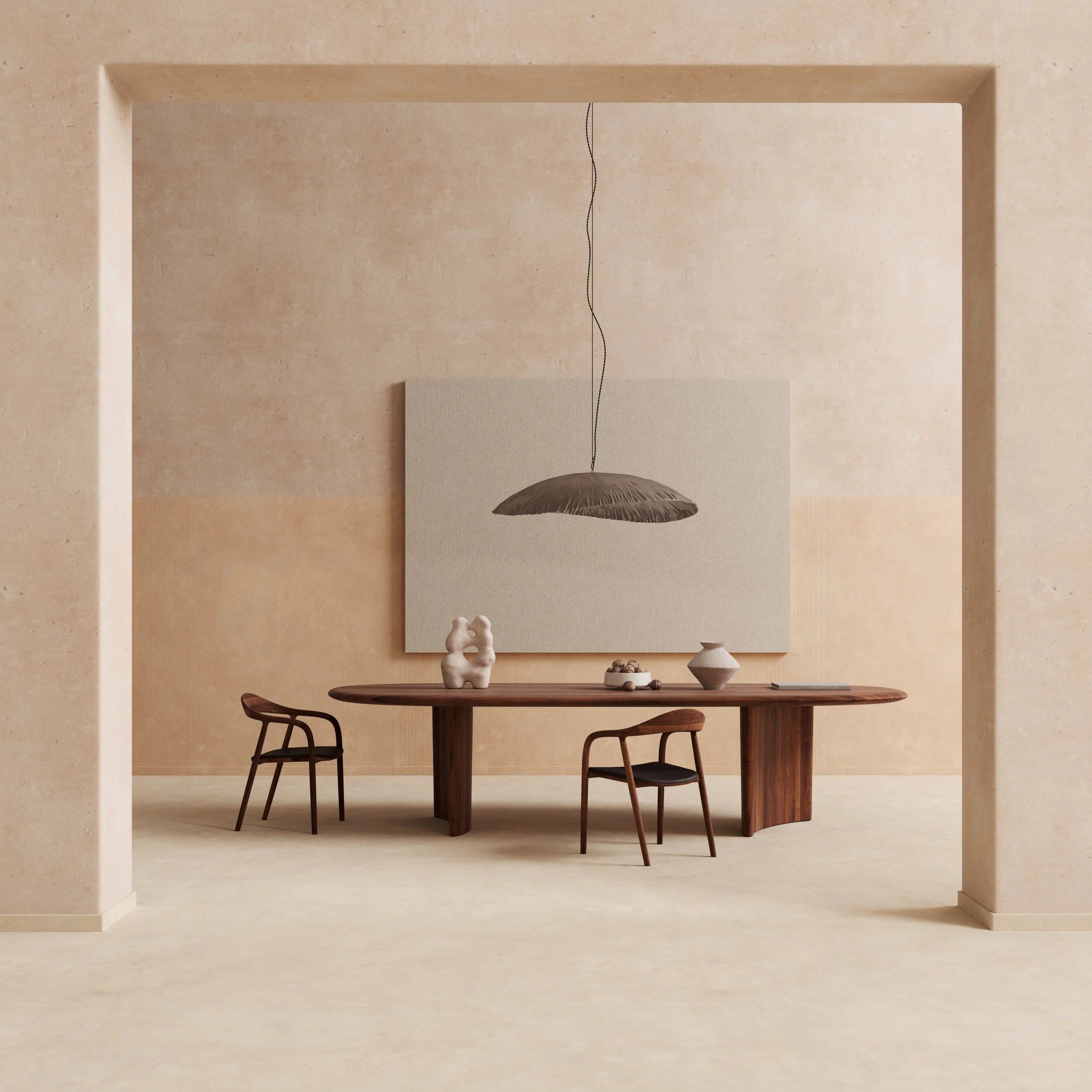 Monument Table with a uniquely shaped solid wood top and angled legs, combining functional furniture with sculptural design.