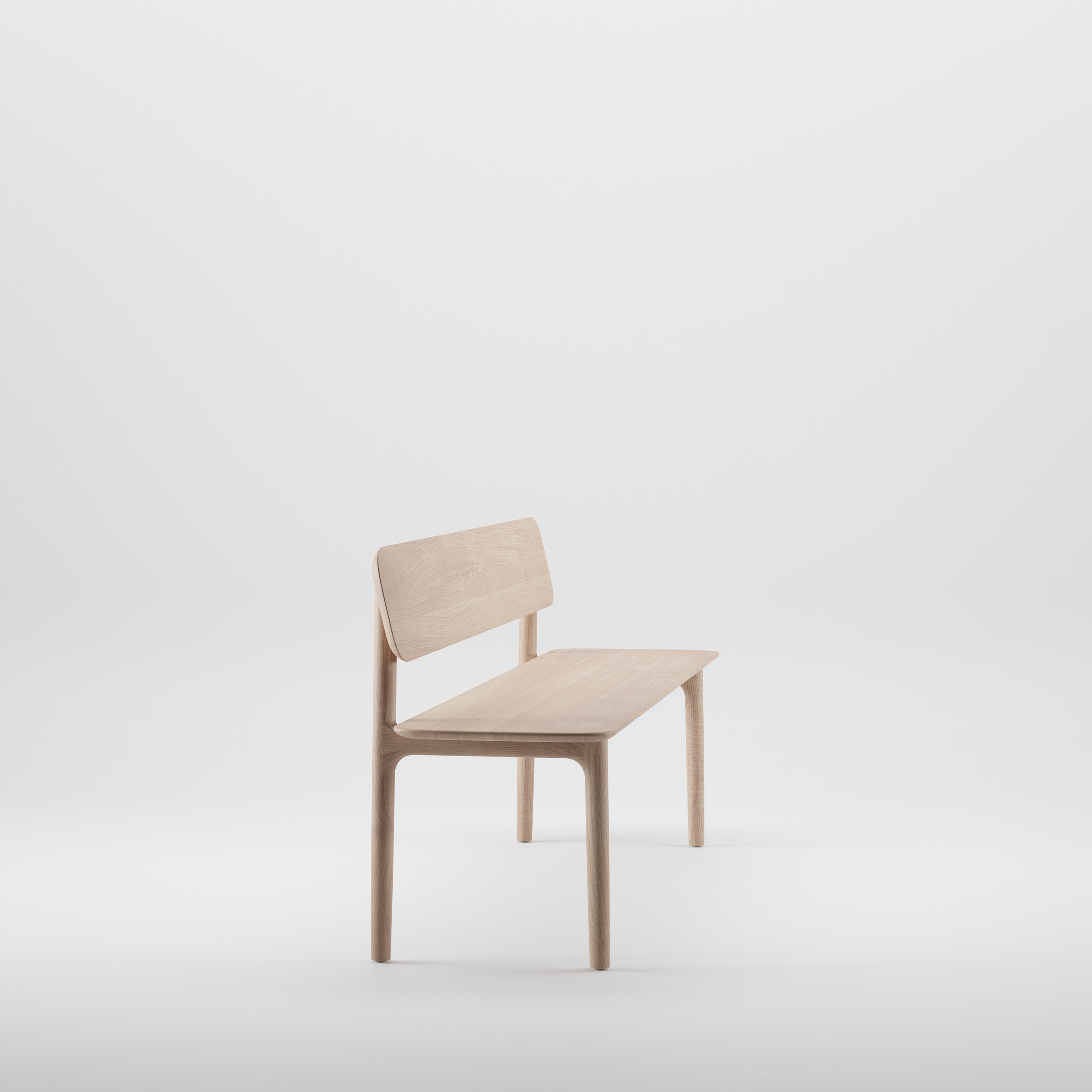 Side view of the Neva bench with backrest, showing its gently arched backrest and refined proportions.