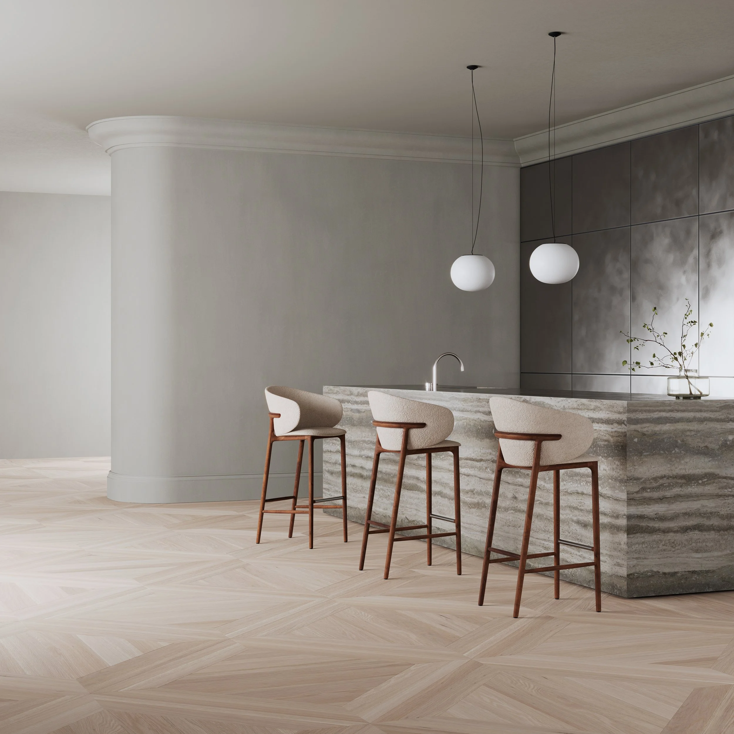 Three-quarter view of the Mela bar chair showing its softly contoured upholstery and refined wooden structure.