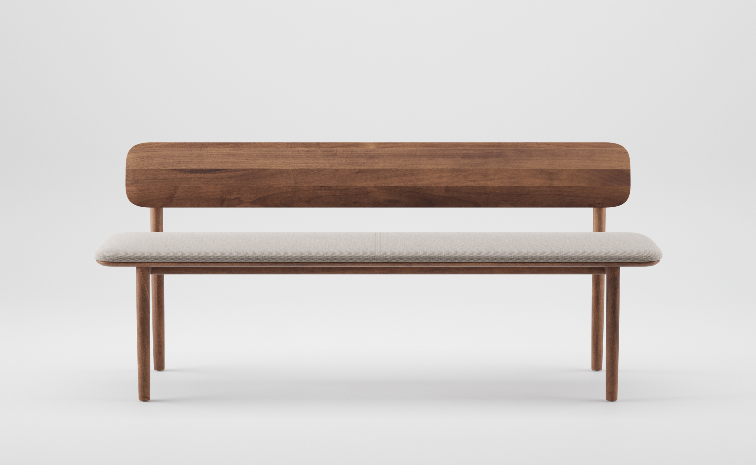 Neva bench with backrest featuring a solid wood frame, curved backrest, and upholstered seat.