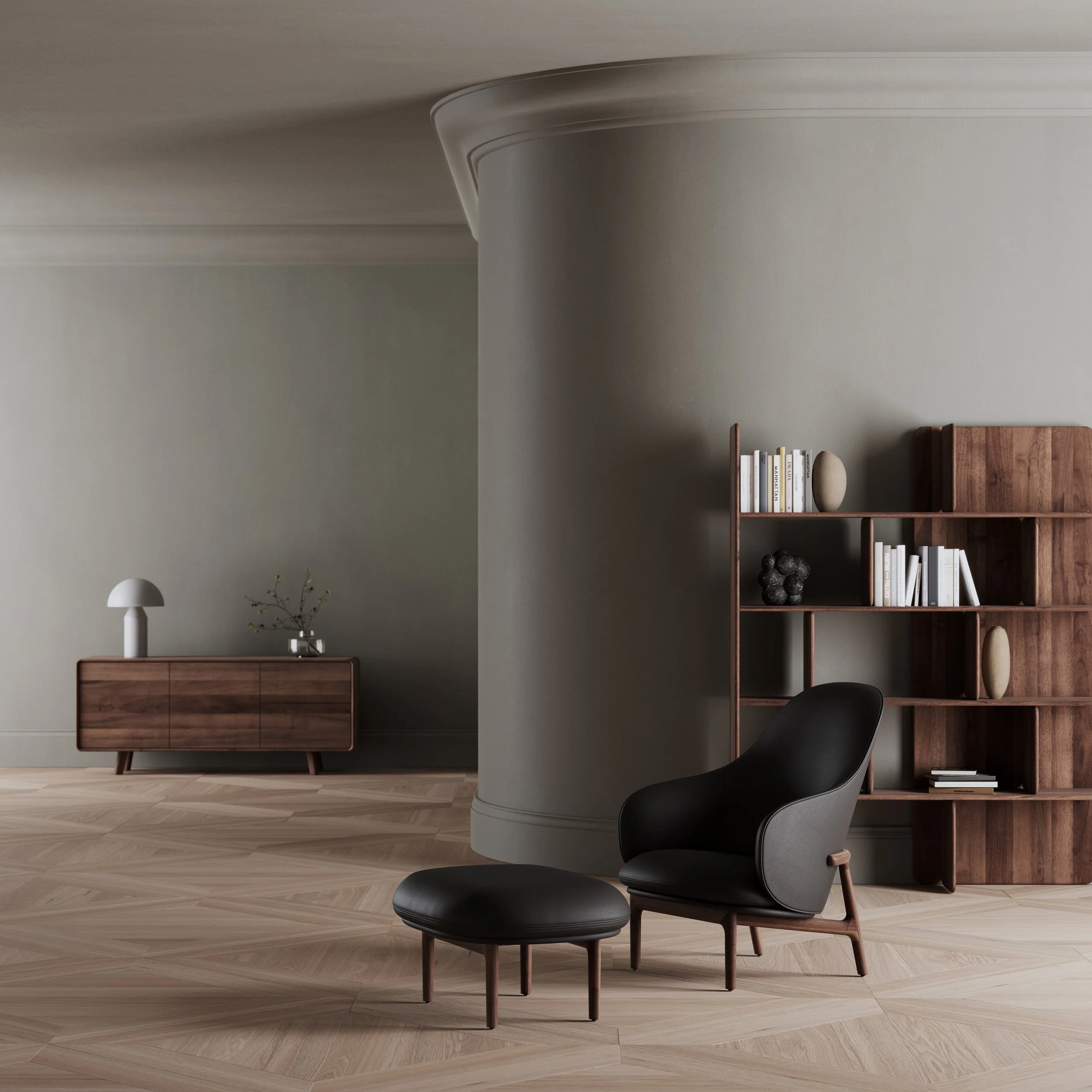 Mela sofa with upholstered seat and backrest, available in multiple sizes and supported by a solid wood frame.