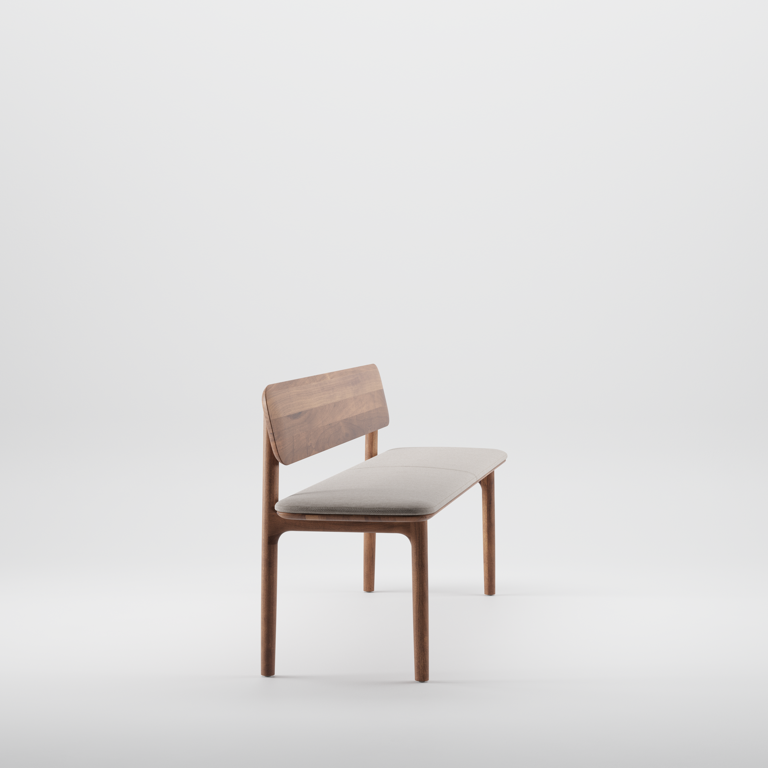 Neva bench with backrest shown from a three-quarter angle, highlighting its curved wooden frame and upholstered seat.