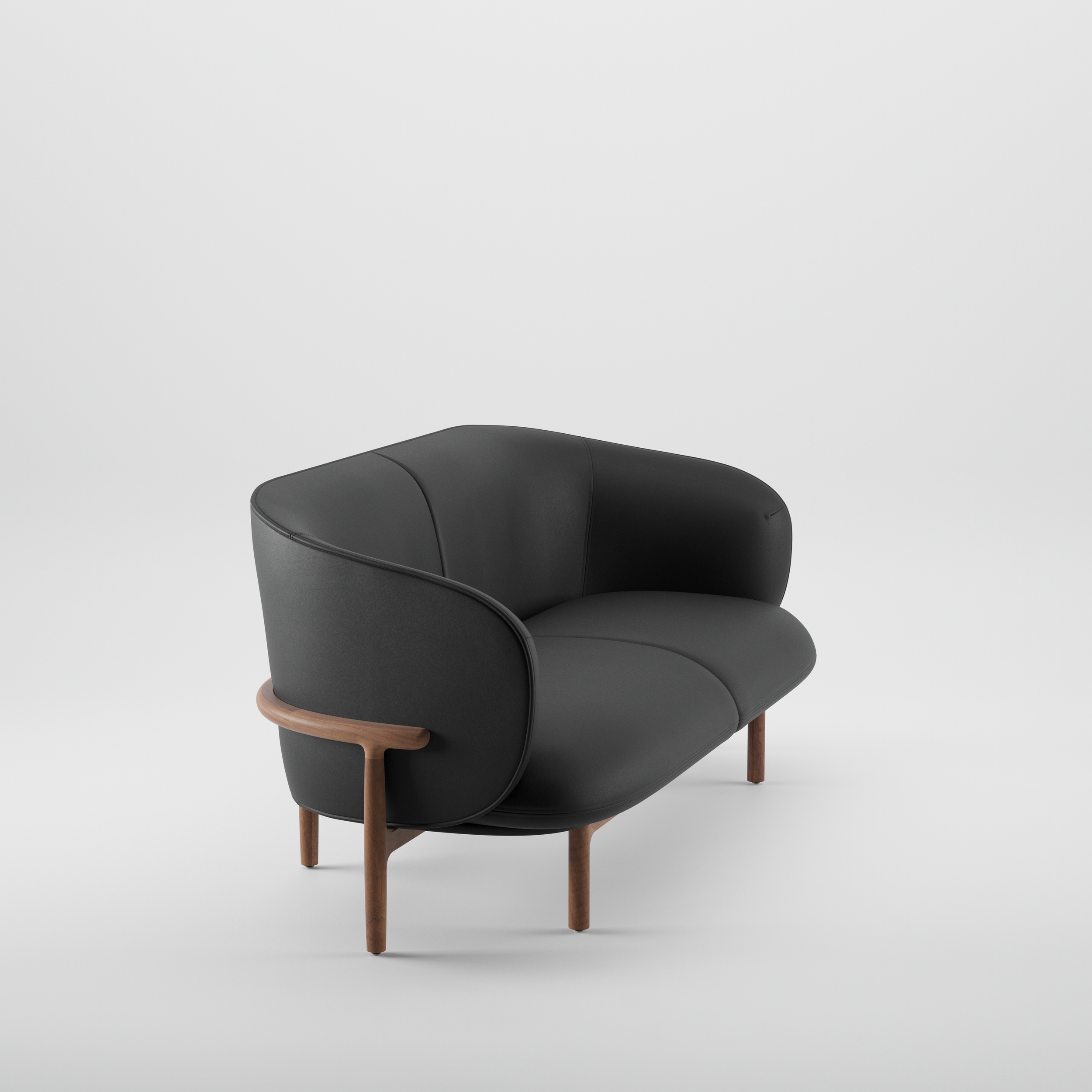 Side view of the Mela Lounge Two-Seater highlighting its gently curved seat, backrest, and solid wood frame.
