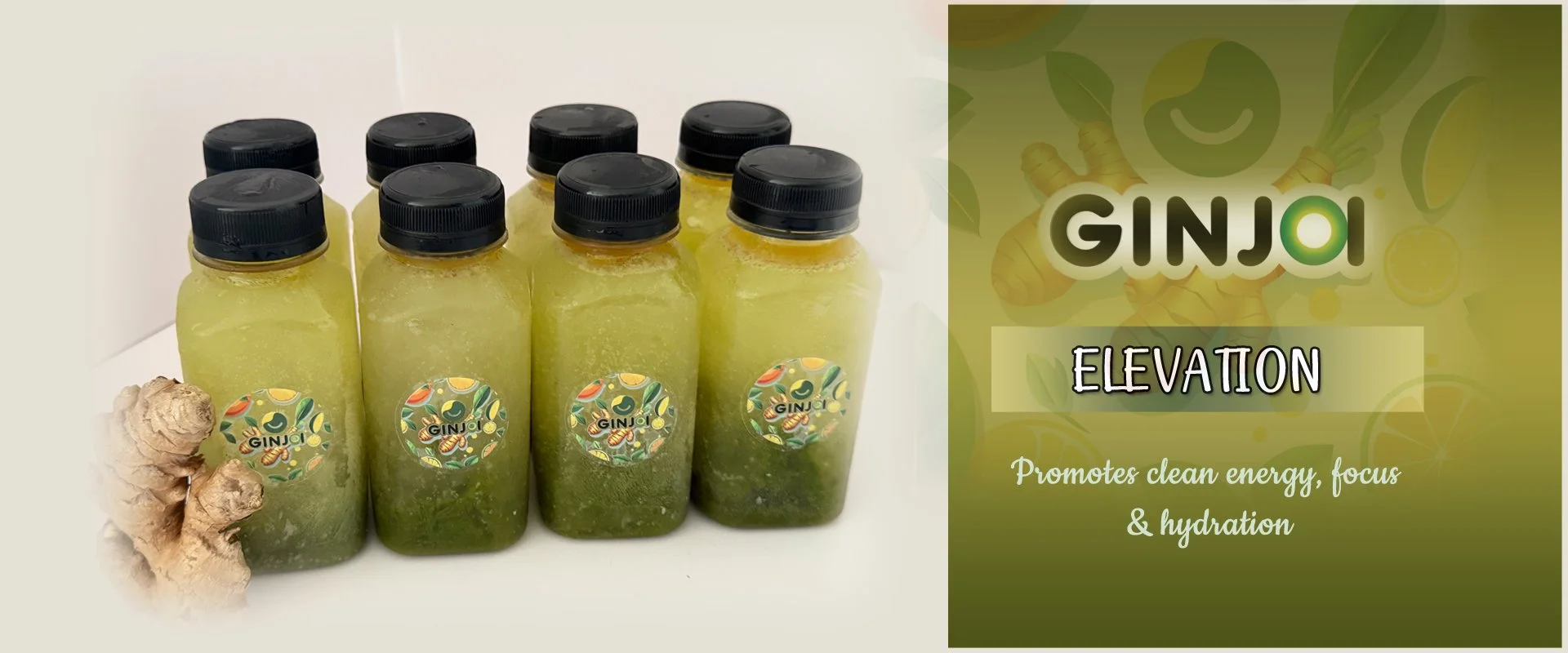 Multiple bottles of ginger juice labeled GINJO on a white surface, with fresh ginger root beside them, and a promotional graphic on the right that says GINJO ELEVATION promotes clean energy, focus, and hydration.