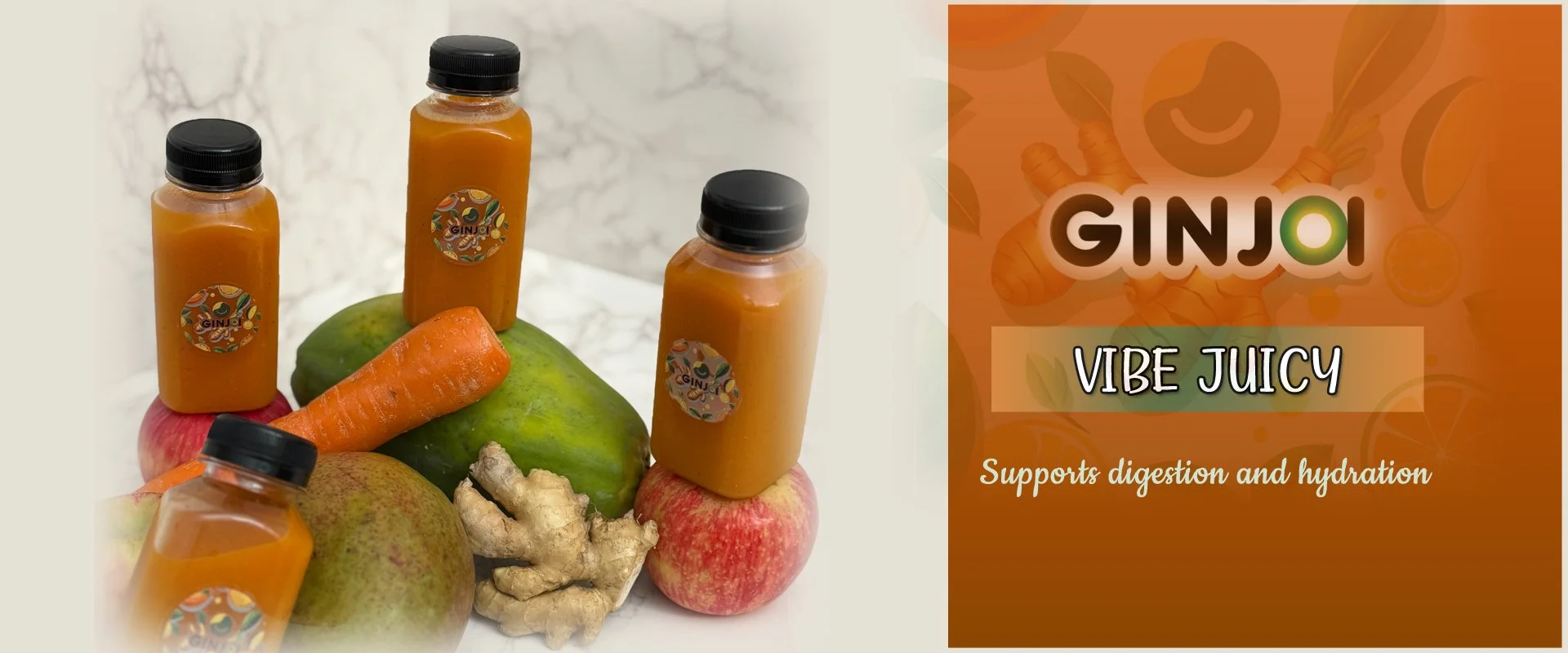 Image of five bottles of ginger juice labeled 'GINJO', with fresh fruits and ginger root. The right side has an orange background with the text 'GINJO VIBE JUICY Supports digestion and hydration'.