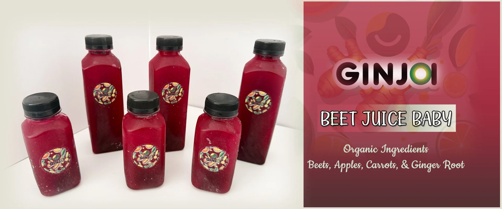 Five bottles of beet juice with black caps and colorful labels, arranged on a white surface, next to a graphic design with the brand name GINJO, and text indicating it is a beet juice baby made with organic ingredients like beets, apples, carrots, and ginger root.