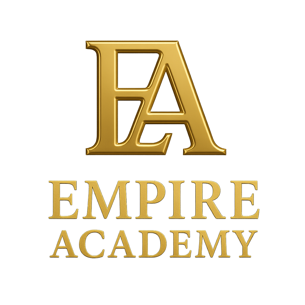 Gold logo with the words "Empire Academy" and a stylized letter "A" on top.