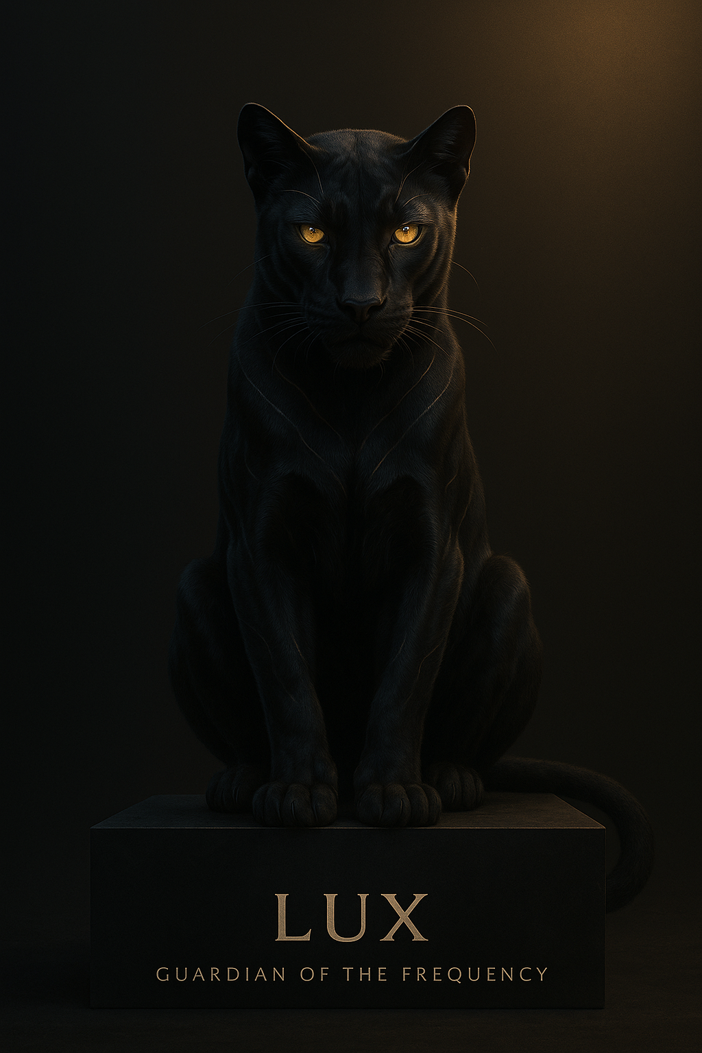 A black panther with glowing yellow eyes sitting on a black pedestal with the words 'LUX, Guardian of the Frequency' written on it, against a dark background.