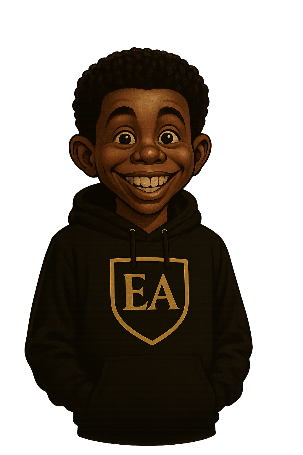 A cartoon boy with dark skin, curly hair, and a big smile standing in front of a dark background with colorful lights, wearing a black hoodie with a gold shield logo with the letters 'EA'.