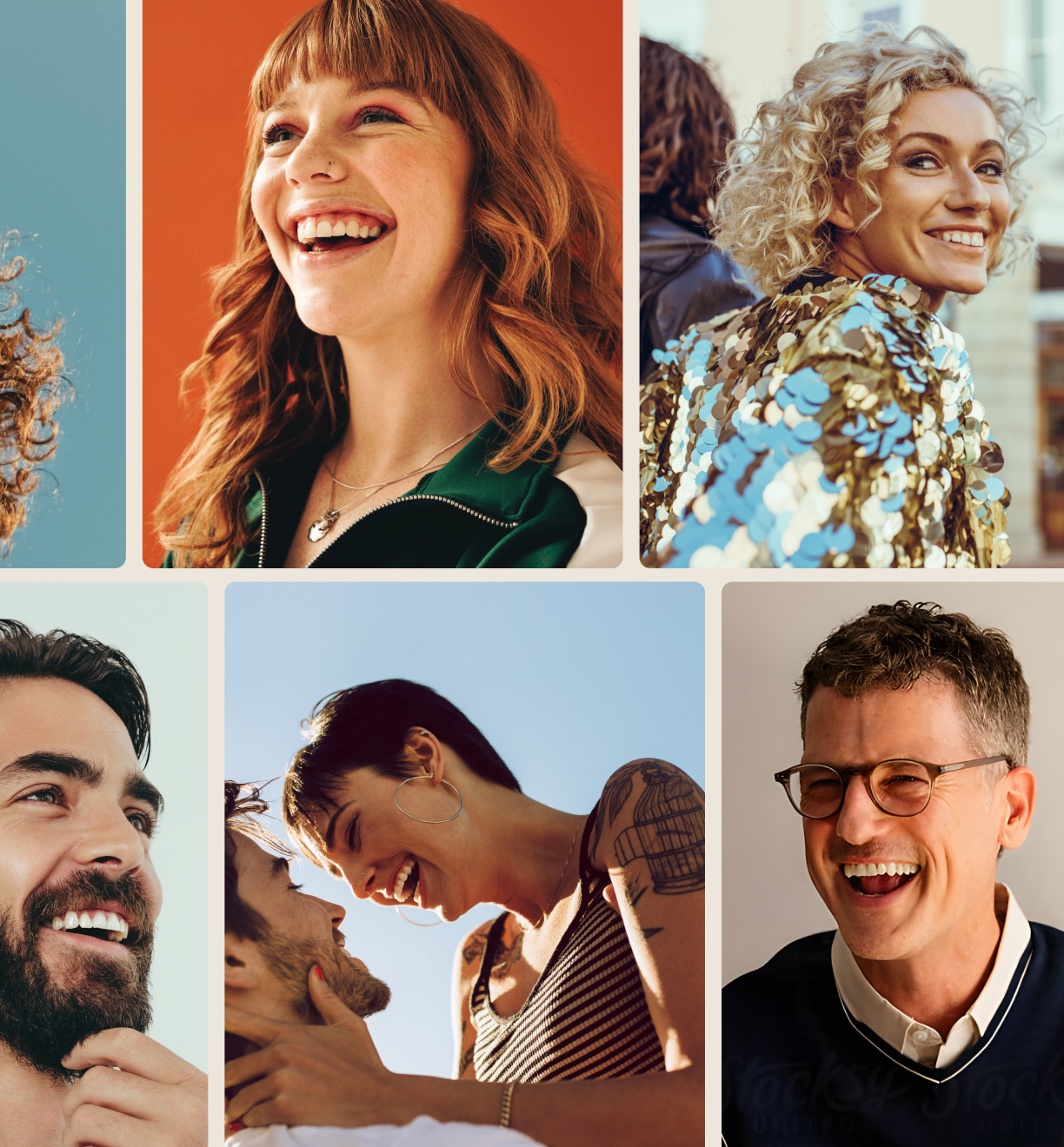 Collage of five diverse, smiling people. Top left and right images show two women, one with red hair, the other with curly blonde hair. Bottom left and center images feature two men and a woman, all laughing and interacting, with the woman sporting tattoos. Bottom right is a man with glasses, laughing.