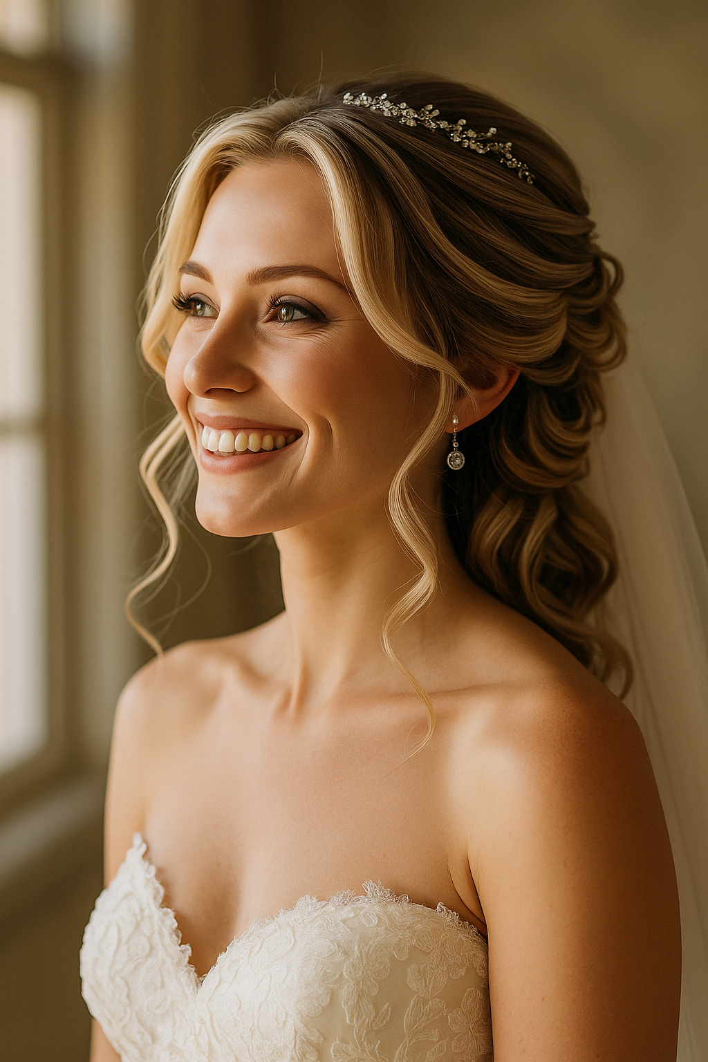 A smiling bride with blond, curly hair adorned with a decorative headband, wearing earrings, and a strapless lace wedding gown, standing near a window.