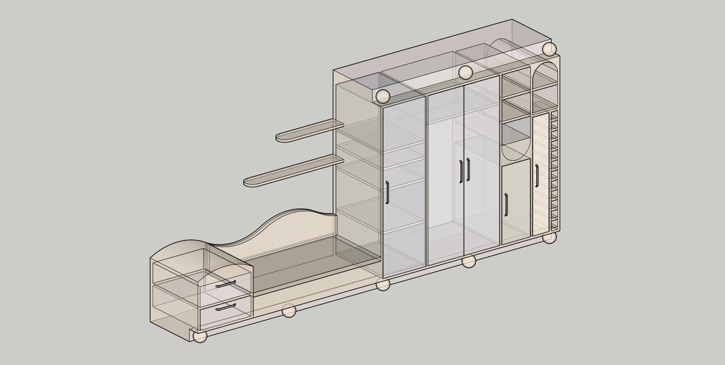 Modèle de meuble de rangement avec étagères, tiroirs, portes en verre, et espaces de rangement variés, conçu pour une utilisation domestique ou de bureau.