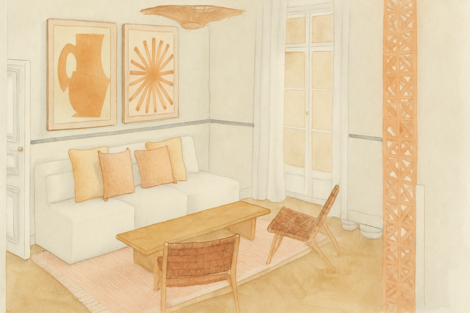Salon avec canapé blanc, trois coussins orange, tables en bois, deux chaises en bois, mur avec deux tableaux tendance, porte-fenêtre avec rideau blanc, colonne décorative en bois orange.