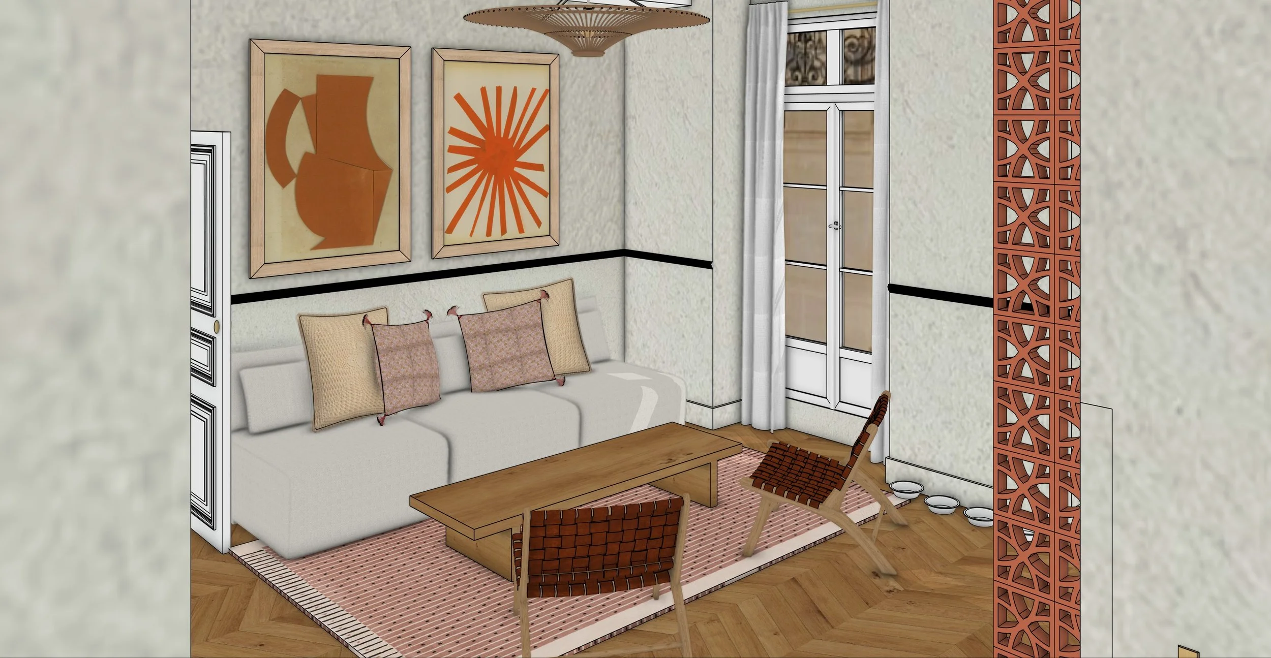 Salon avec canapé blanc, coussins beiges et roses, deux chaises en bois avec un motif tressé, tapis rose et blanc, tableau abstrait orange sur le mur, fenêtre avec rideaux blancs, séparateur en treillis en bois design, accessoires en porcelaine sur le sol.